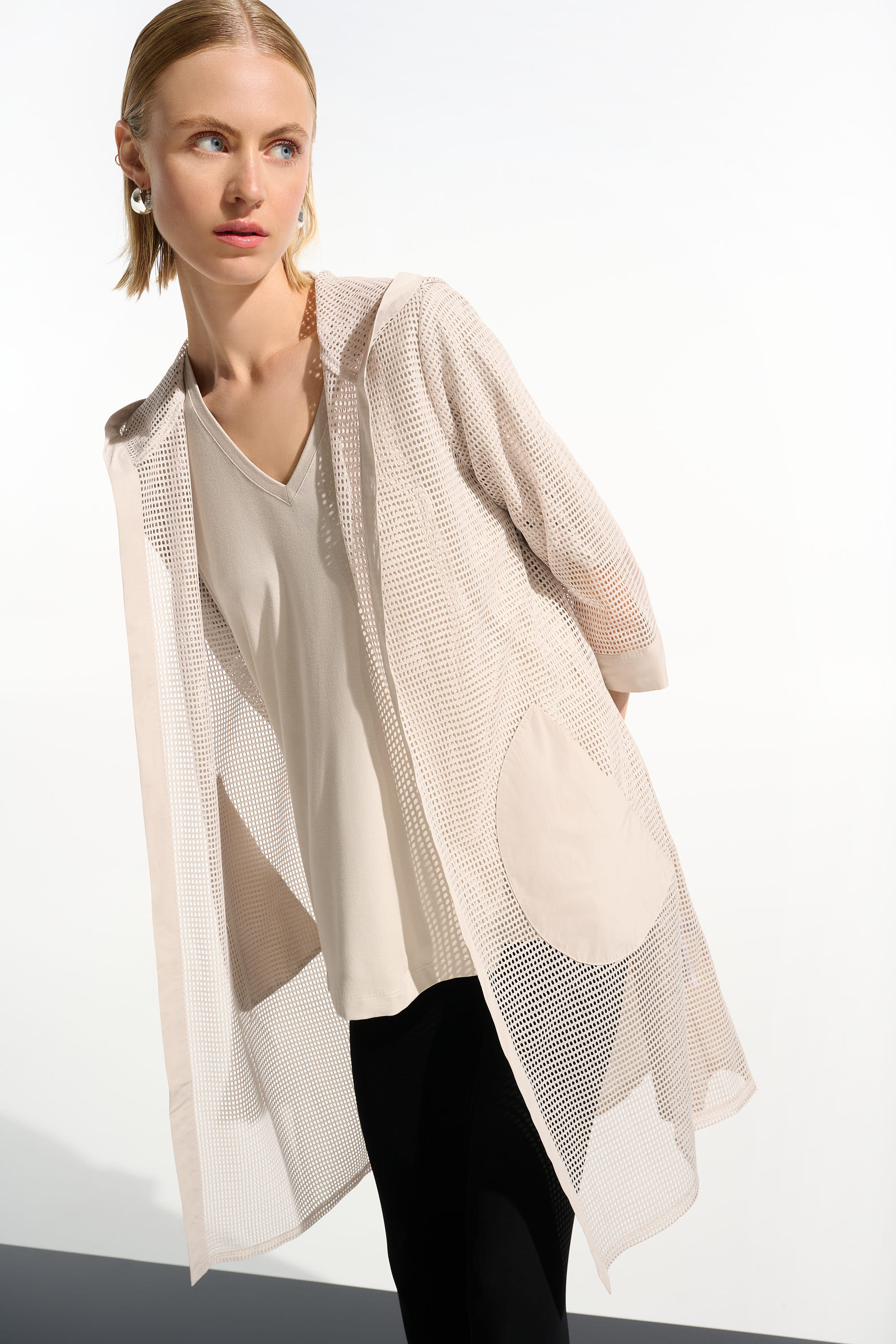 Joseph Ribkoff 261620 memory and mesh A-line hooded cover-up in Moonstone, front