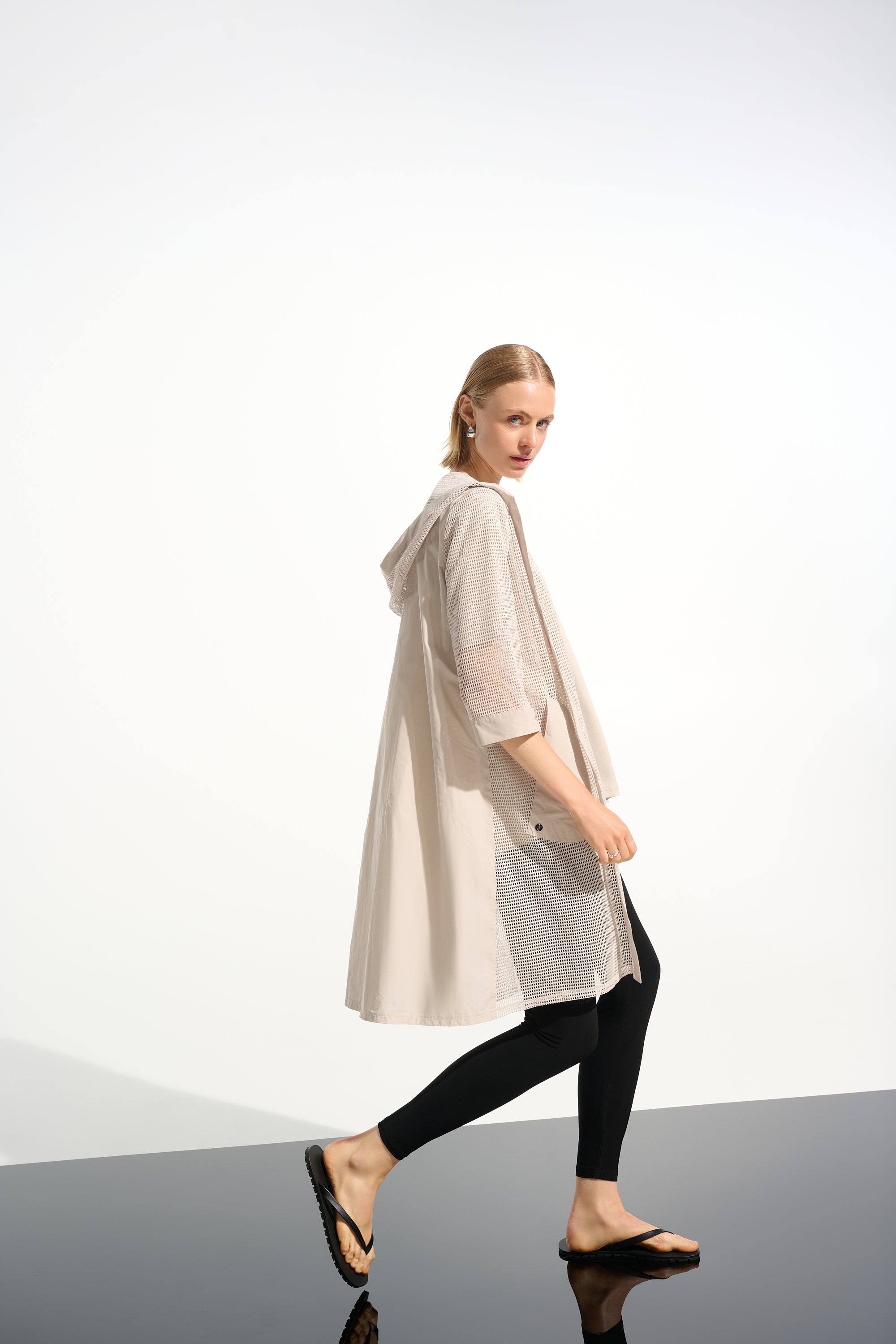 Joseph Ribkoff 261620 memory and mesh A-line hooded cover-up in Moonstone