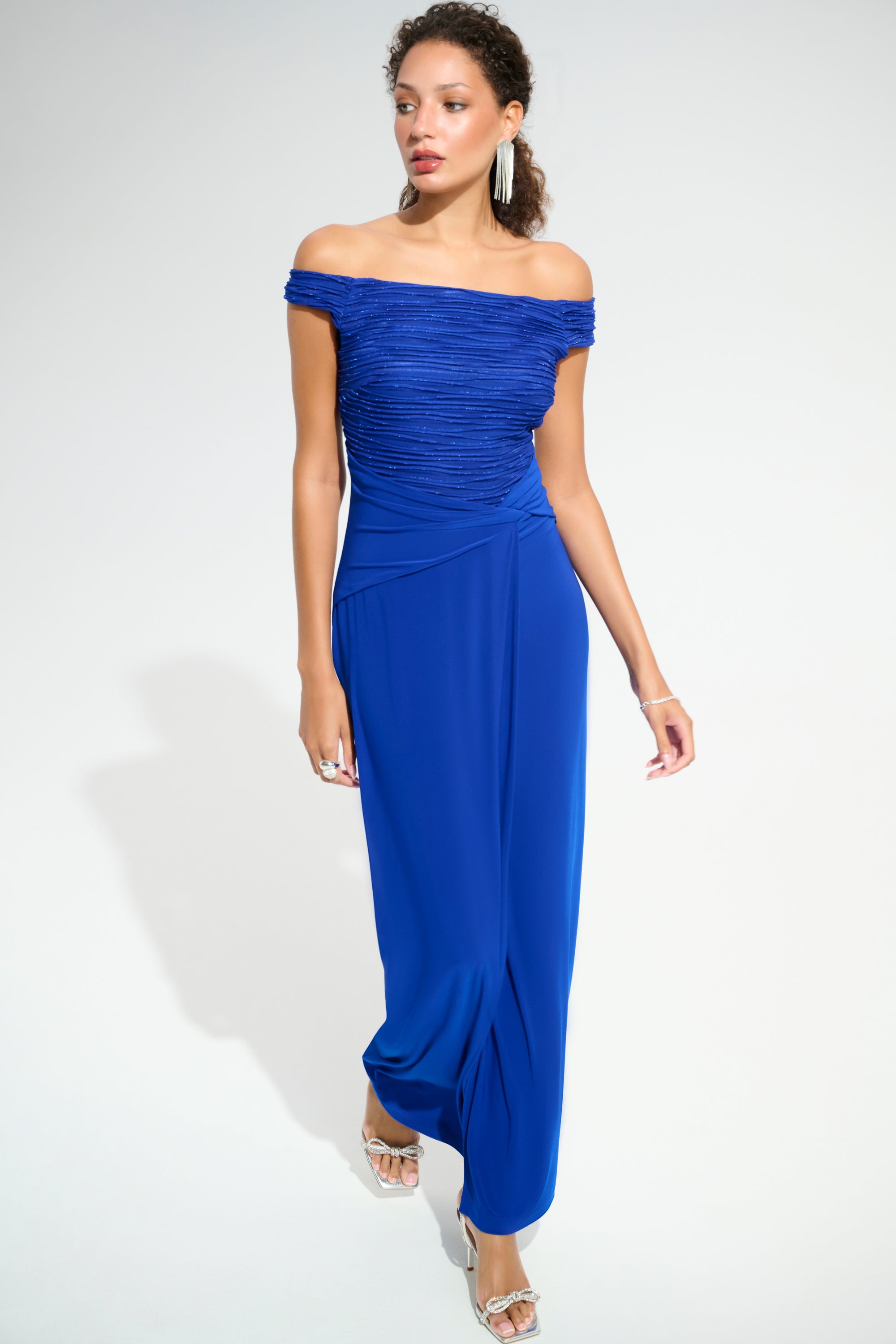 Joseph Ribkoff Signature Lurex Cascade Off-Shoulder Gown