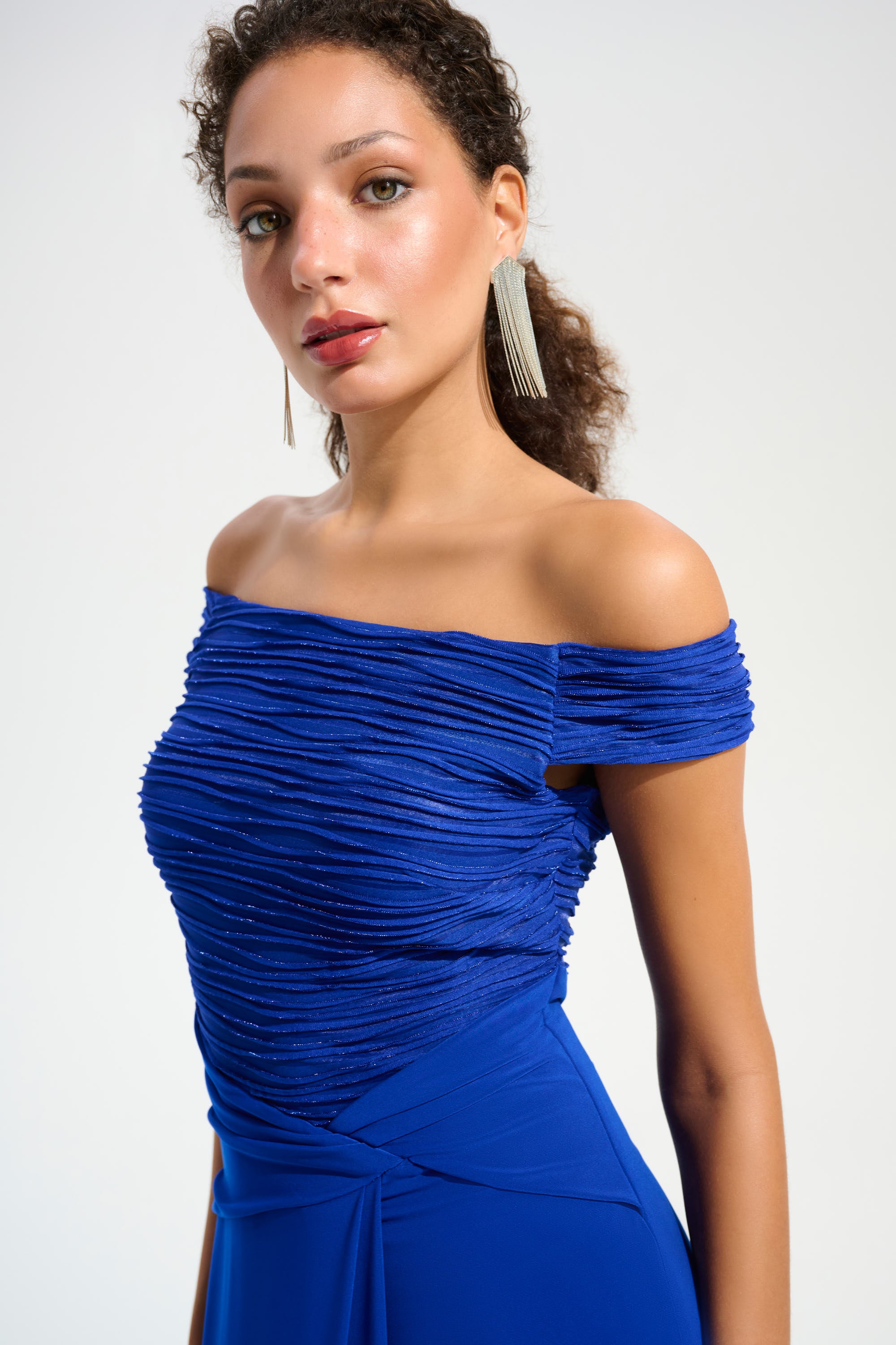 Joseph Ribkoff Signature Lurex Cascade Off-Shoulder Gown