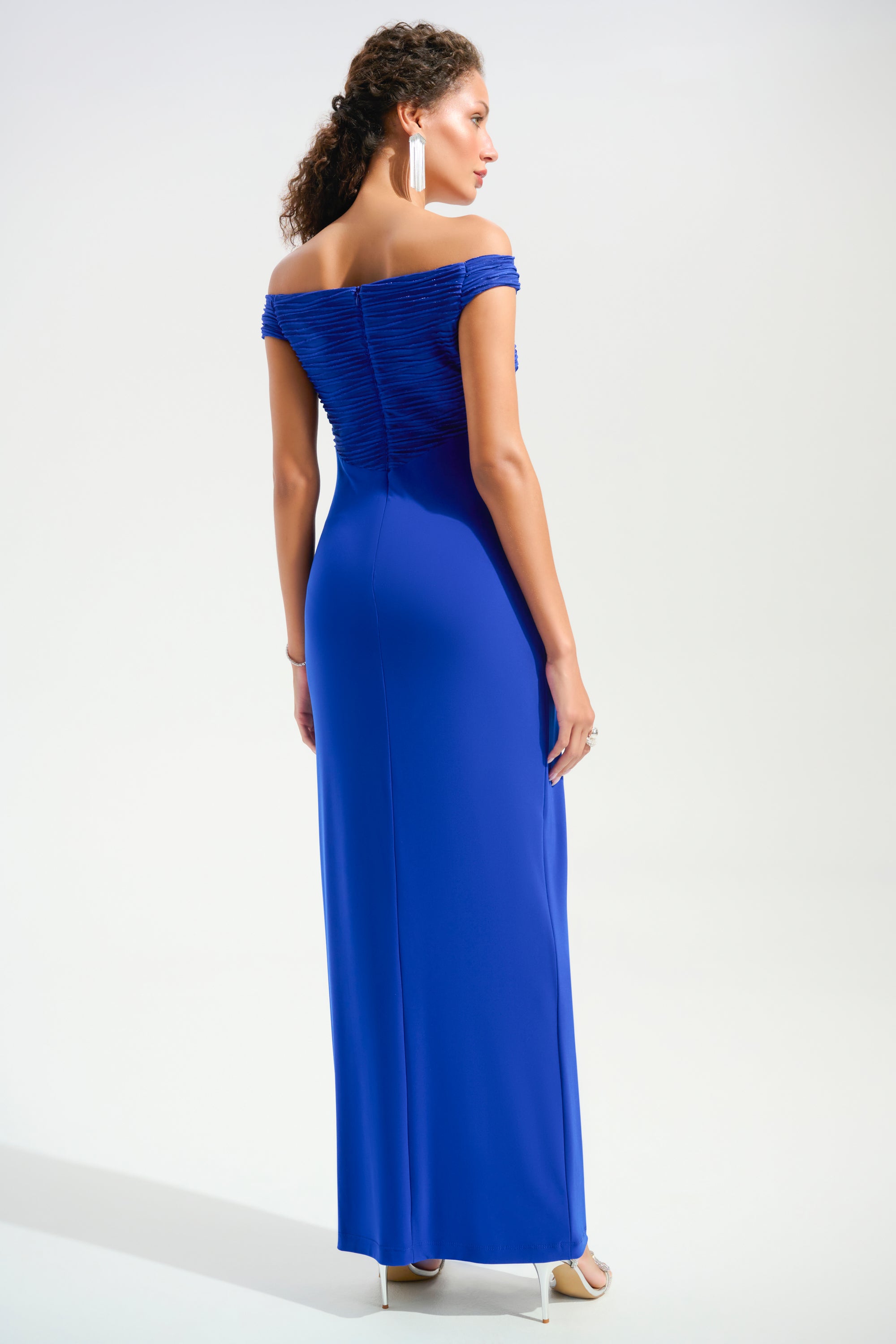 Joseph Ribkoff Signature Lurex Cascade Off-Shoulder Gown