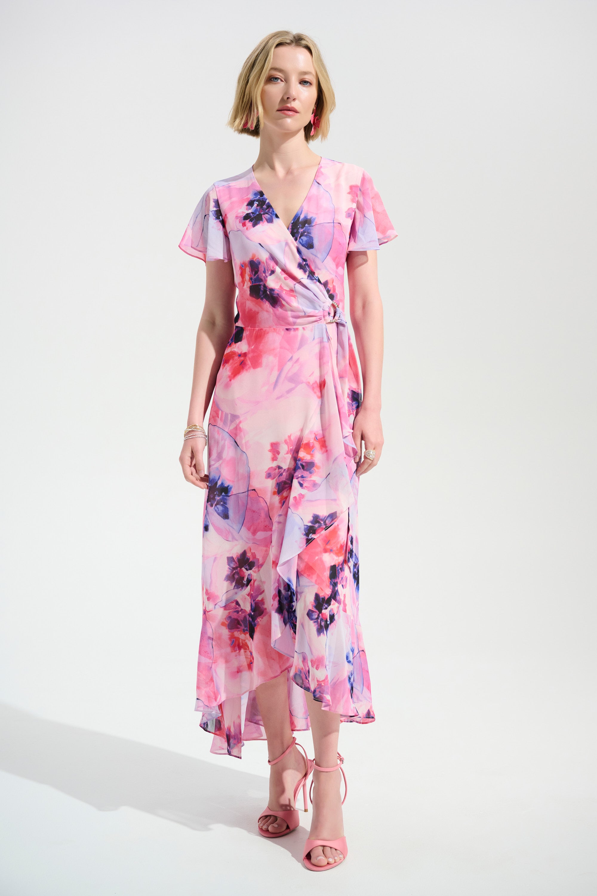 Joseph Ribkoff Signature Chiffon Wrap Midi Dress | Rhinestone Detail