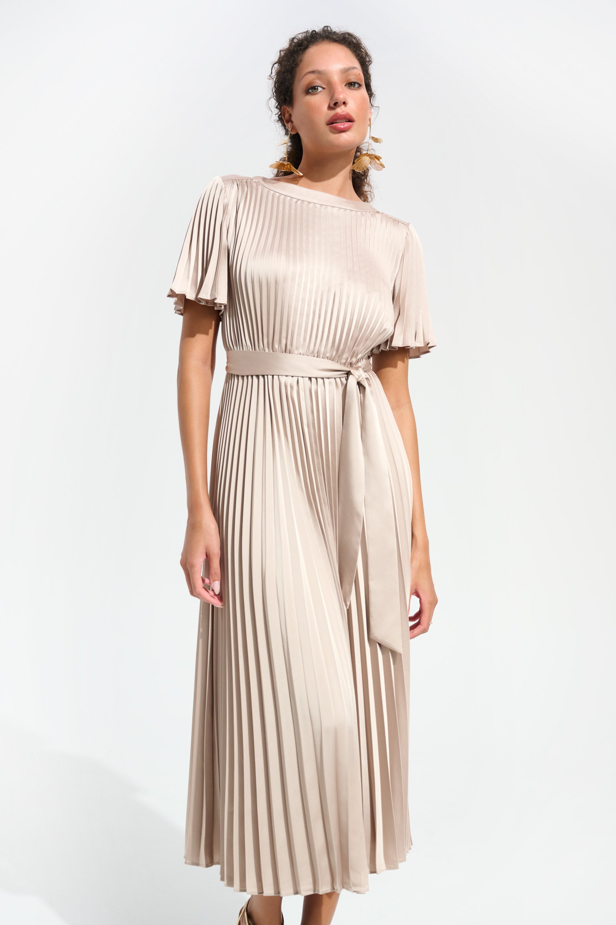 Signature | Pleated Satin Fit and Flare Dress With Sash Belt