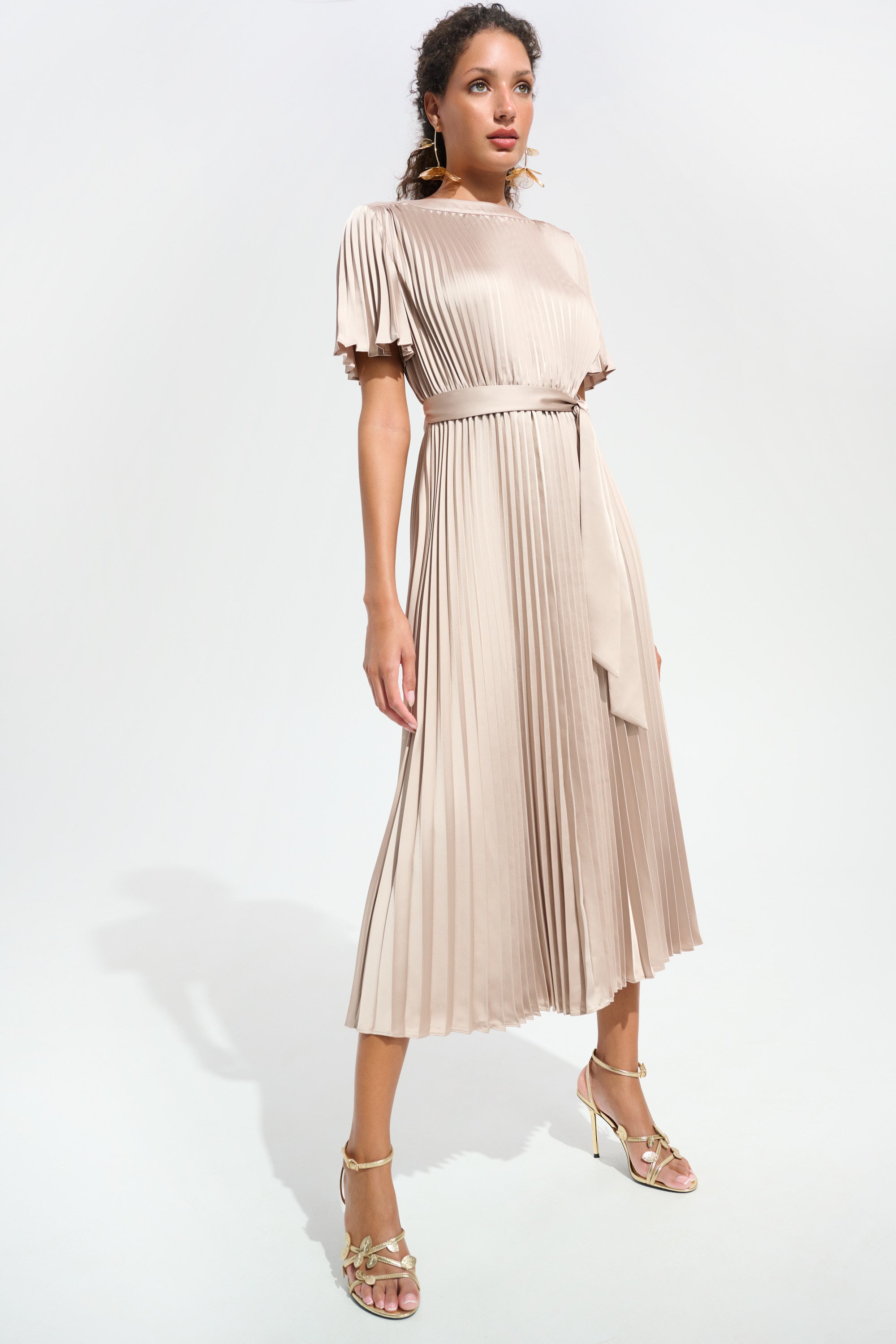 Signature | Pleated Satin Fit and Flare Dress With Sash Belt