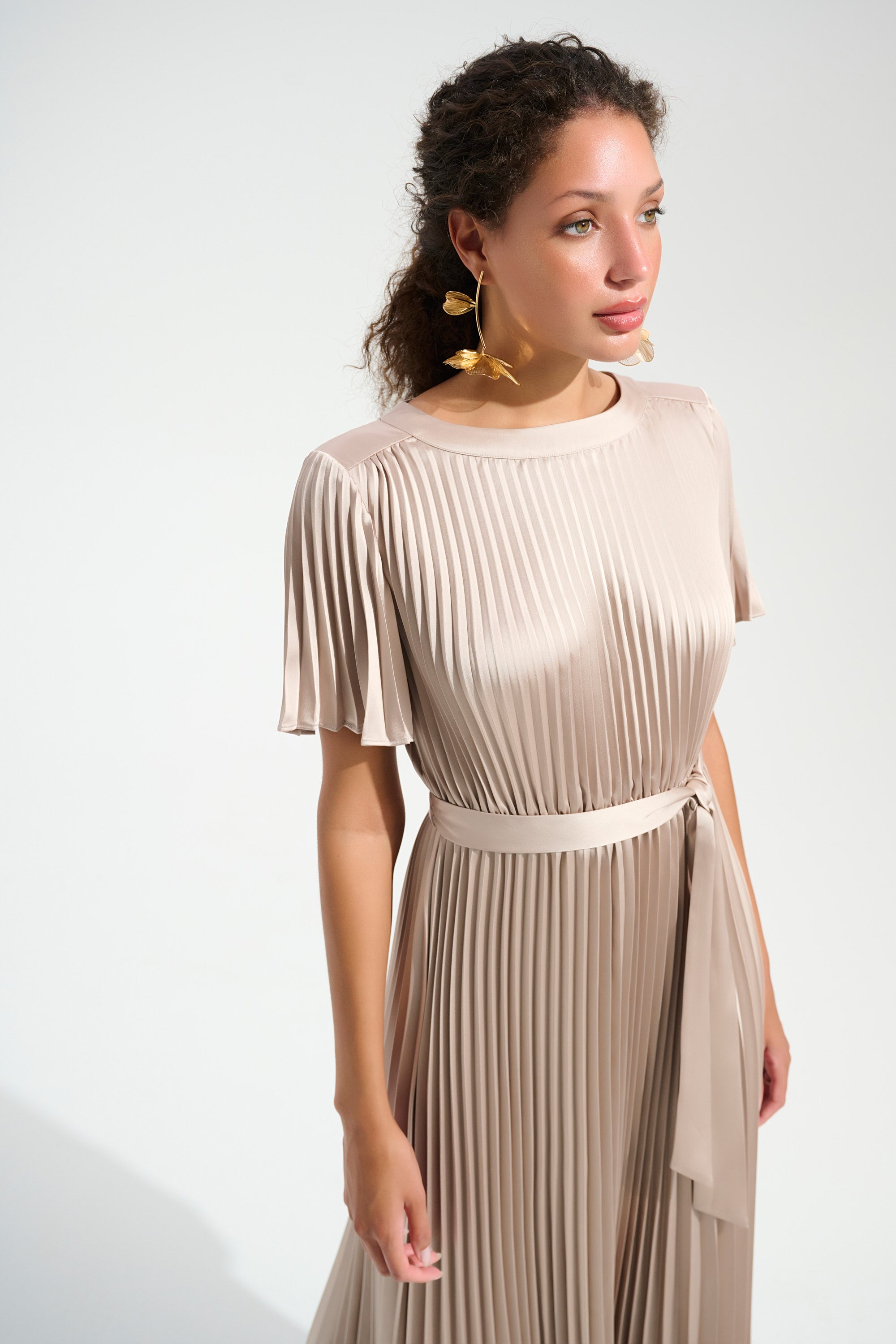 Signature | Pleated Satin Fit and Flare Dress With Sash Belt