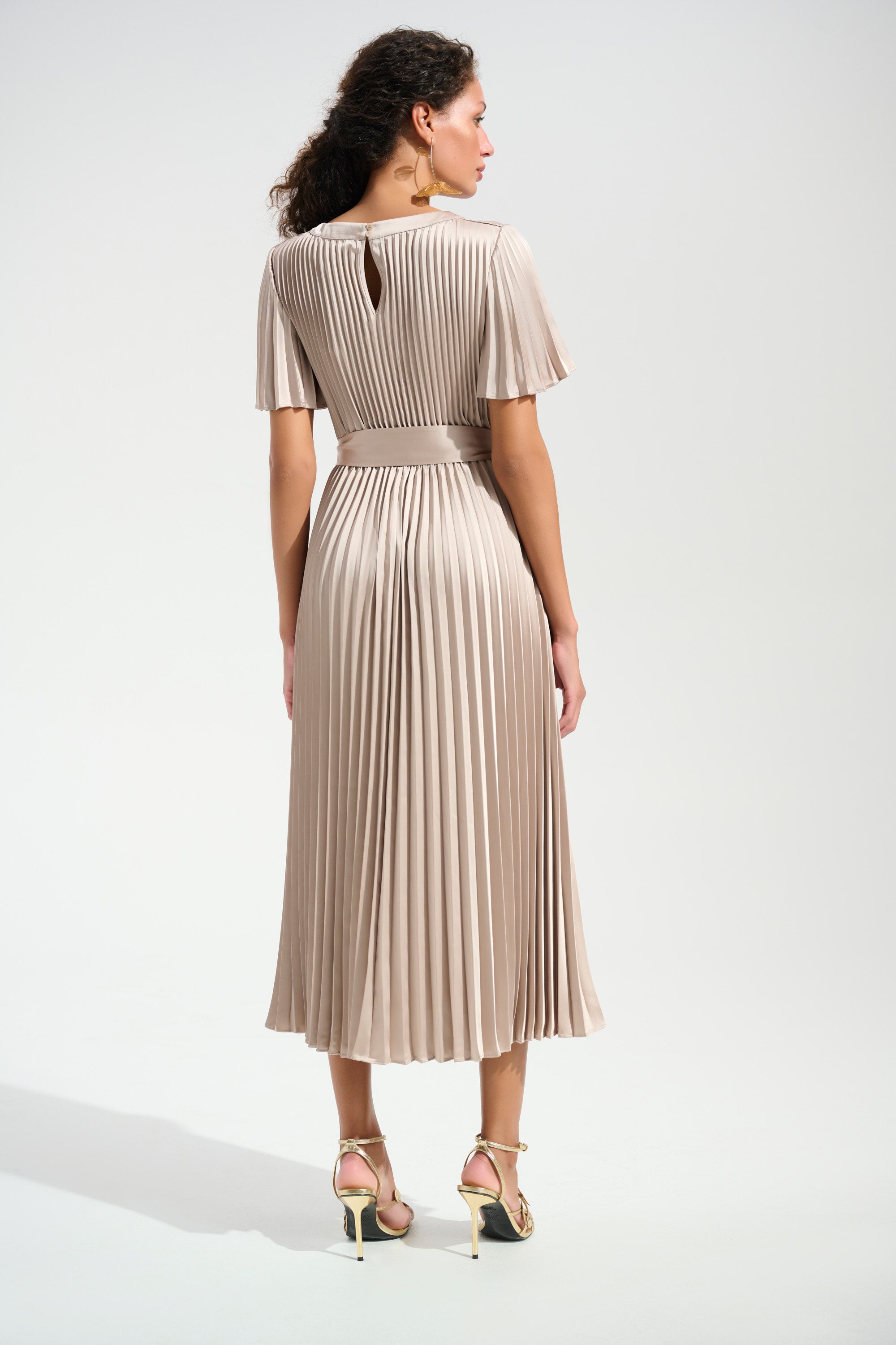 Signature | Pleated Satin Fit and Flare Dress With Sash Belt