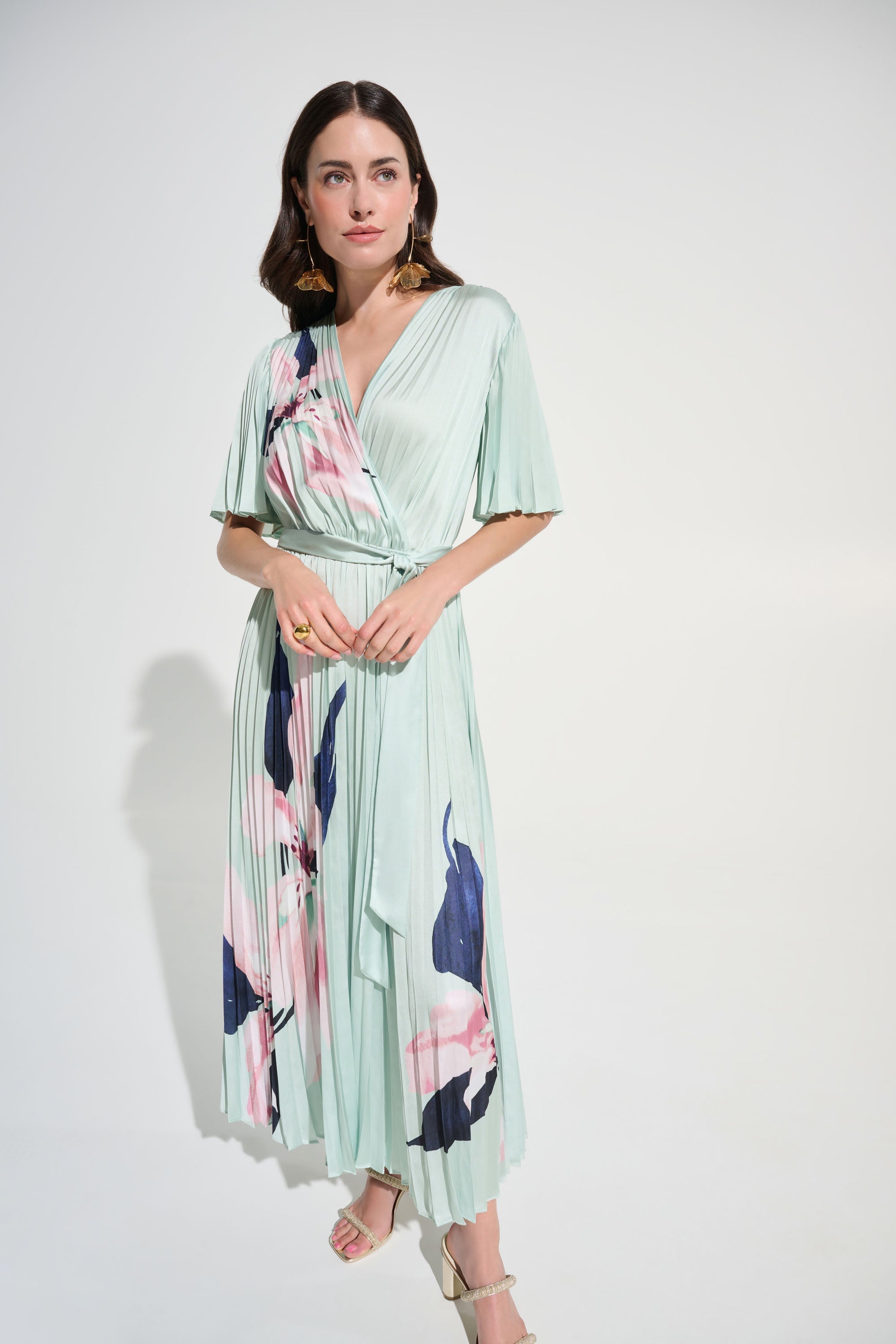 Joseph Ribkoff 262712 pleated floral maxi wrap dress in Green/Multi