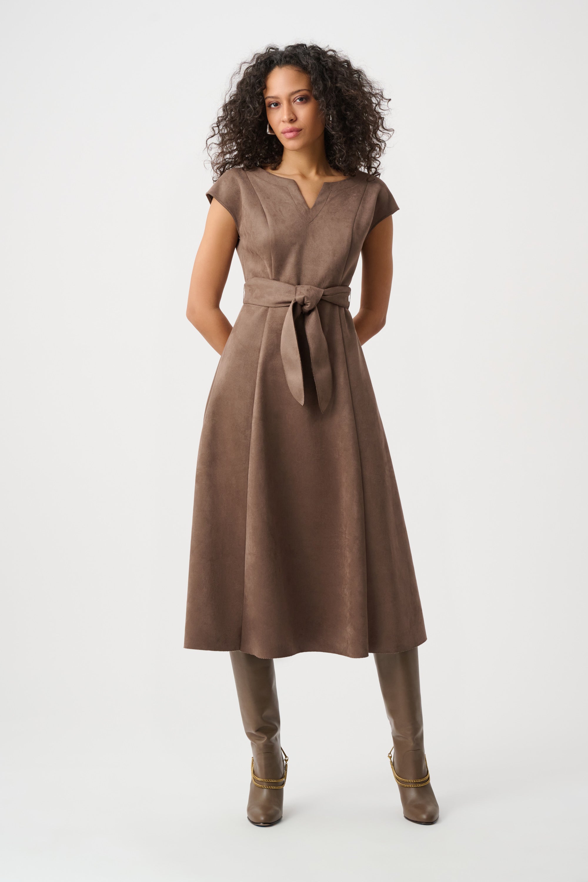 JOSEPH RIBKOFF SCUBA SUEDE FIT-AND-FLARE DRESS