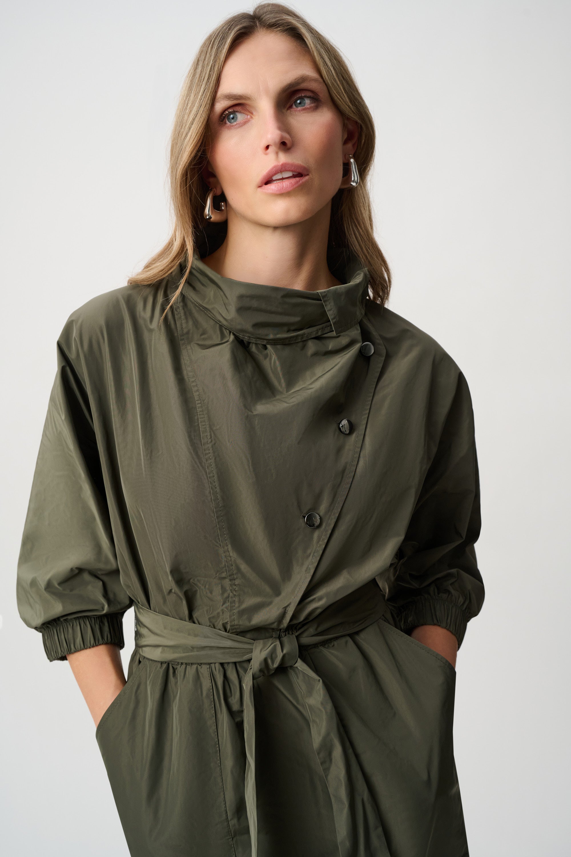 JOSEPH RIBKOFF MEMORY FABRIC COWL-NECK BELTED DRESS