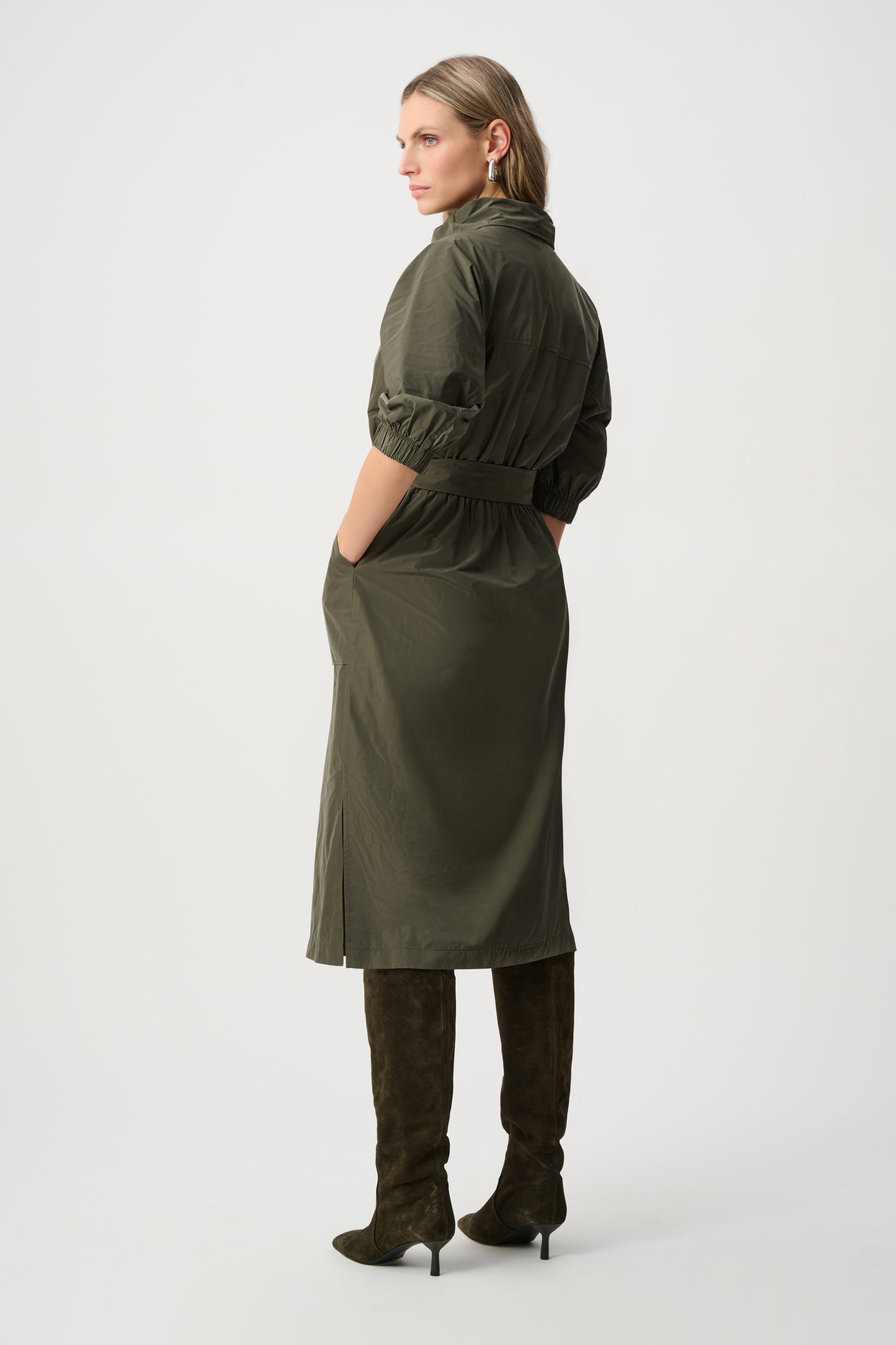JOSEPH RIBKOFF MEMORY FABRIC COWL-NECK BELTED DRESS