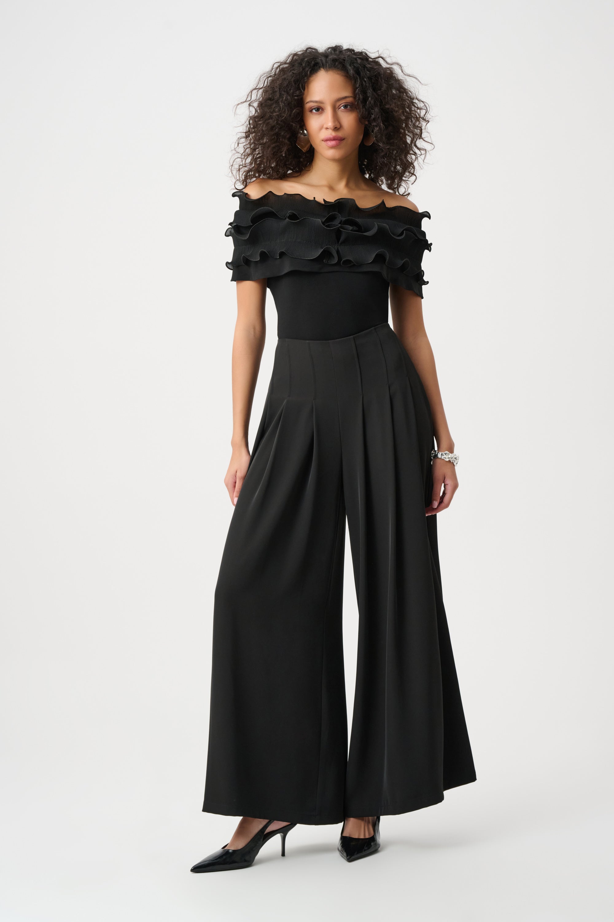 JOSEPH RIBKOFF SILKY KNIT OFF-SHOULDER TOP WITH RUFFLES