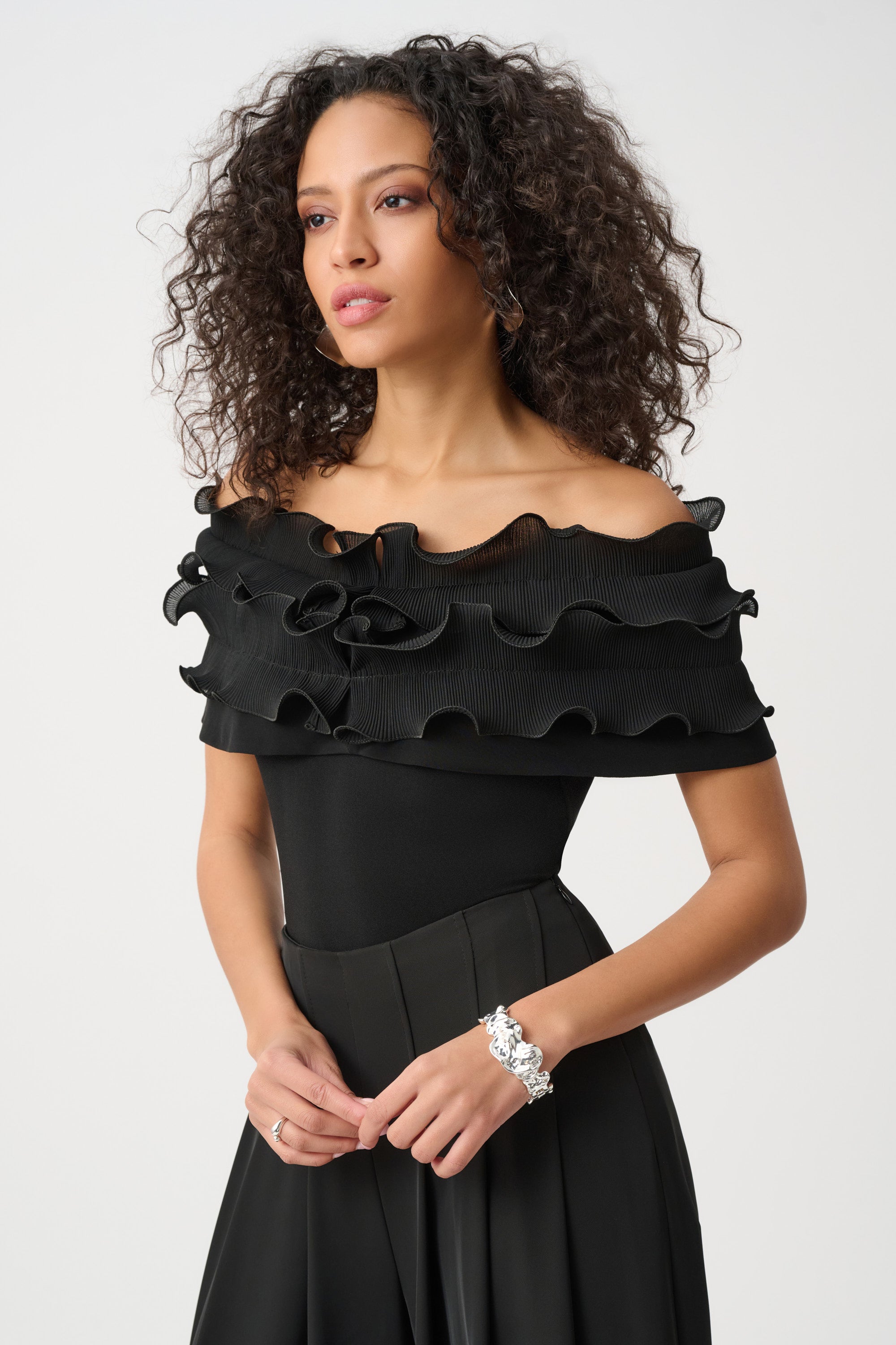 JOSEPH RIBKOFF SILKY KNIT OFF-SHOULDER TOP WITH RUFFLES