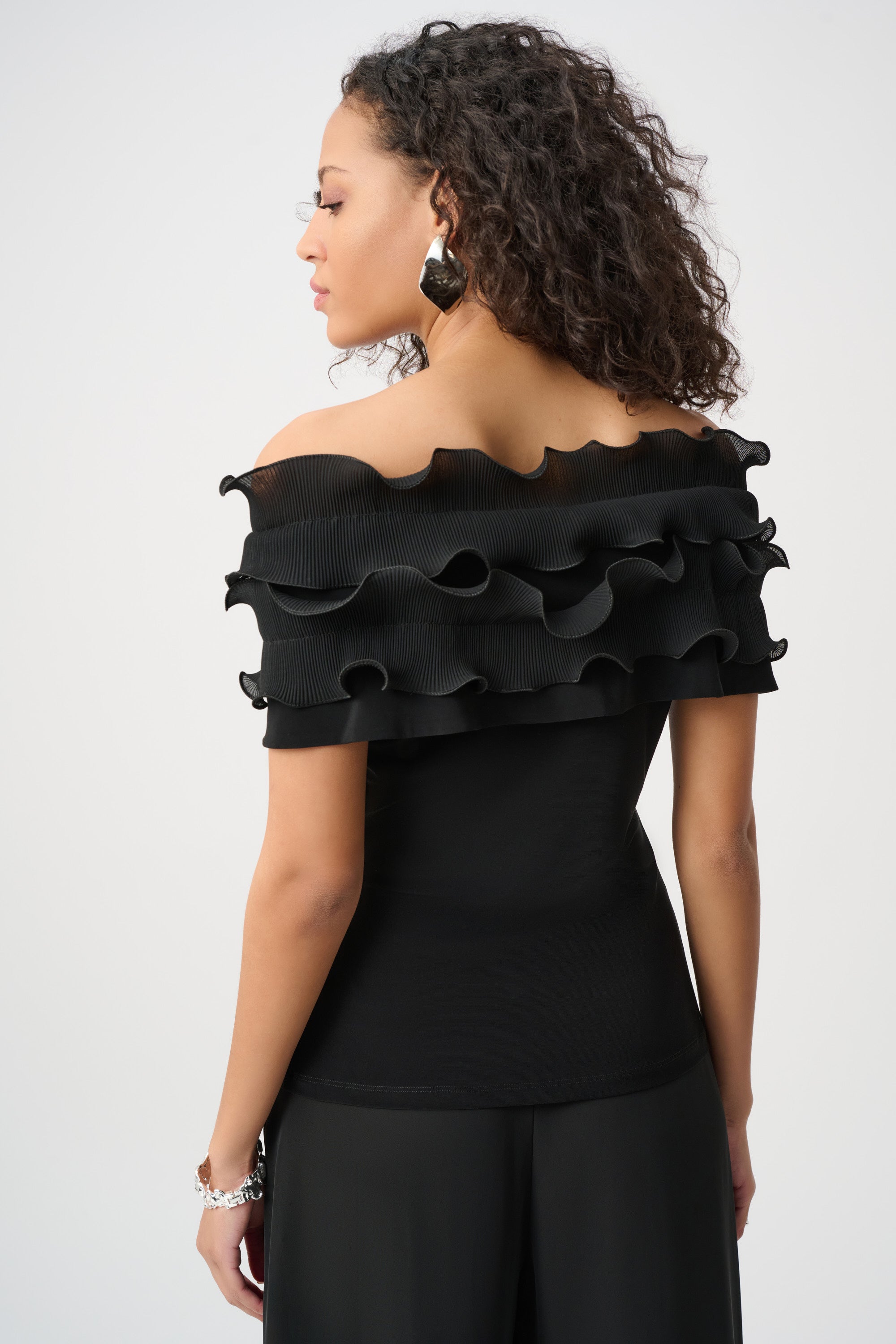 JOSEPH RIBKOFF SILKY KNIT OFF-SHOULDER TOP WITH RUFFLES