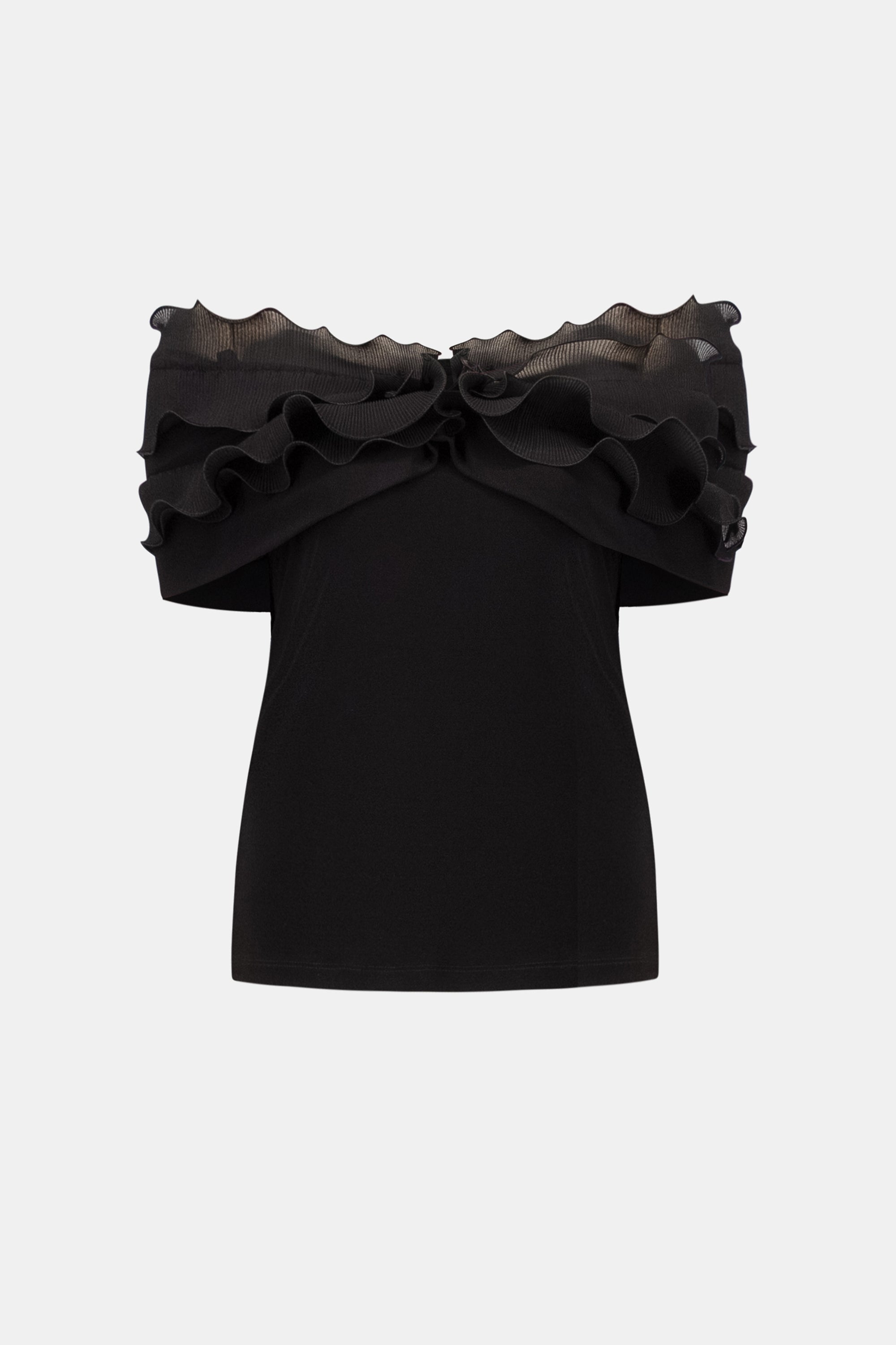 JOSEPH RIBKOFF SILKY KNIT OFF-SHOULDER TOP WITH RUFFLES