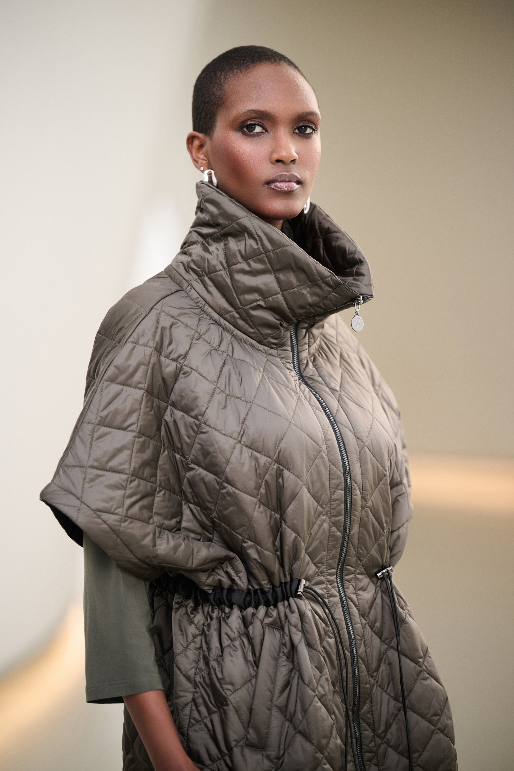 JOSEPH RIBKOFF QUILTED NYLON SHAWL-NECK BOXY VEST