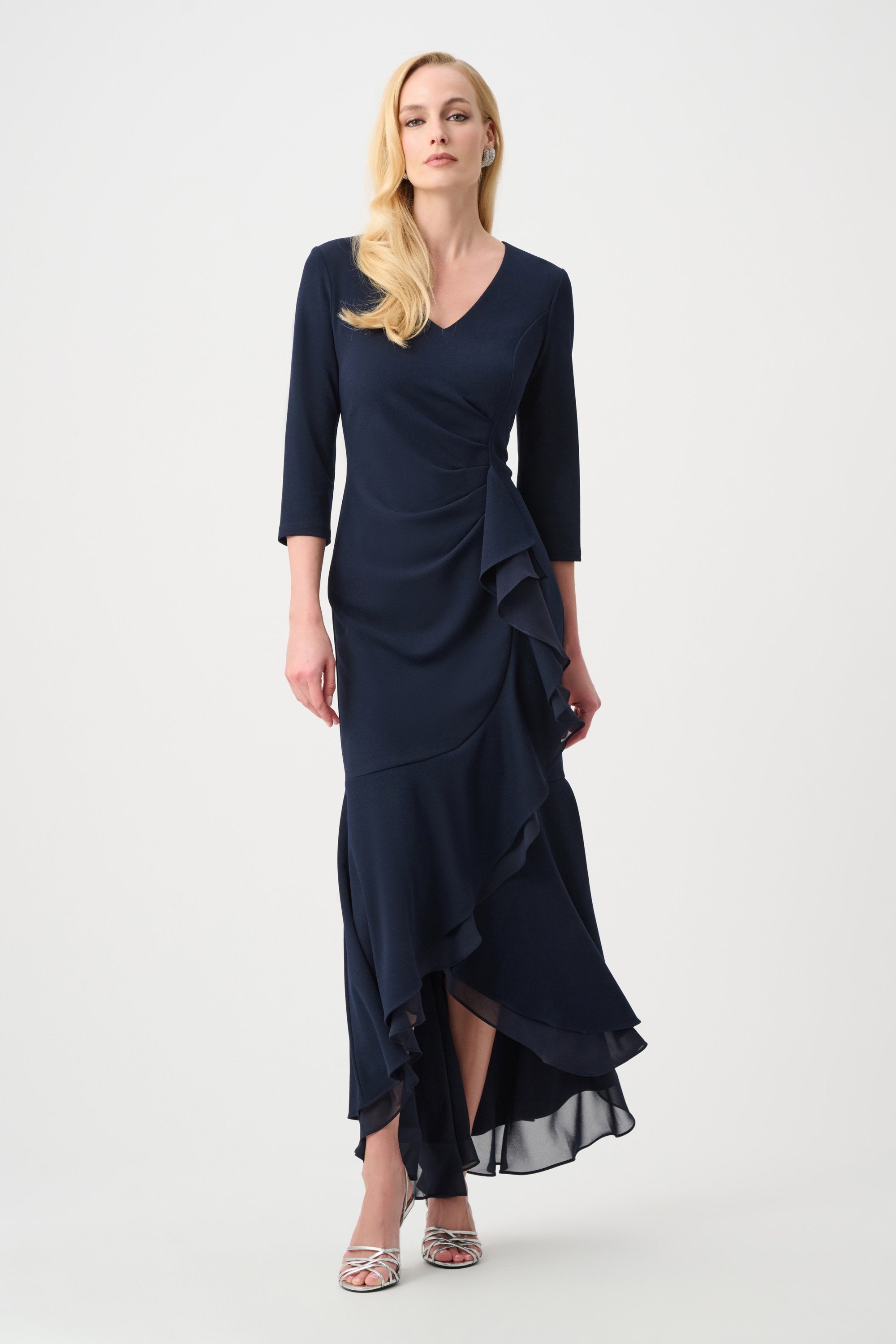 Joseph Ribkoff Signature Scuba Crepe and Chiffon Ruffled Trumpet Gown