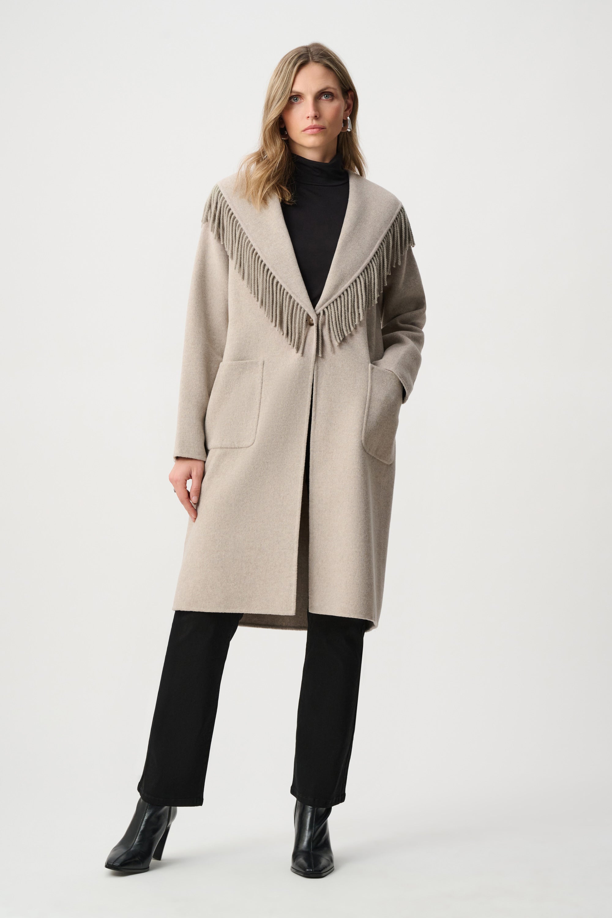 Joseph Ribkoff Wool Blend Shawl Collar Fringed Coat