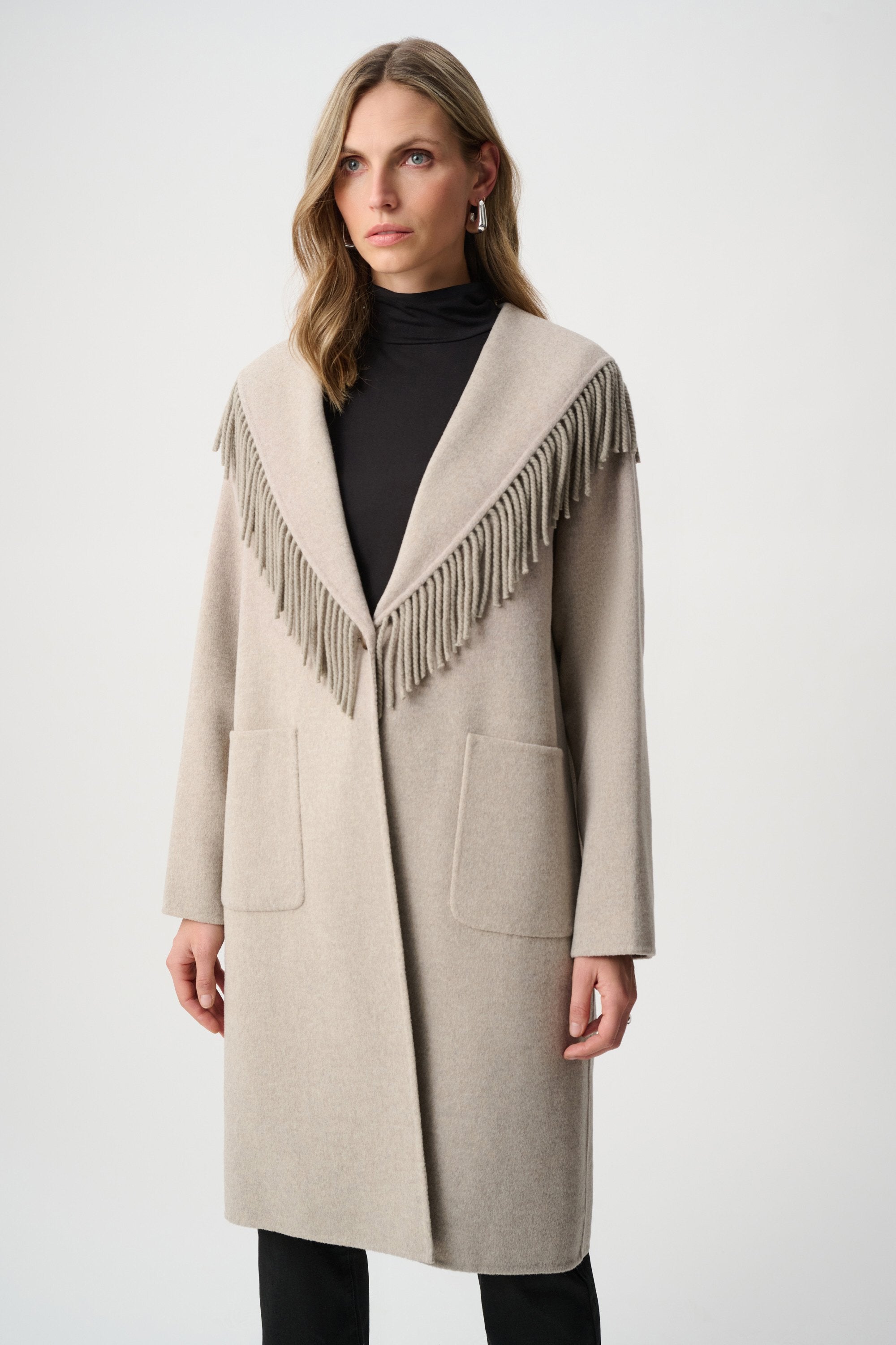 Joseph Ribkoff Wool Blend Shawl Collar Fringed Coat