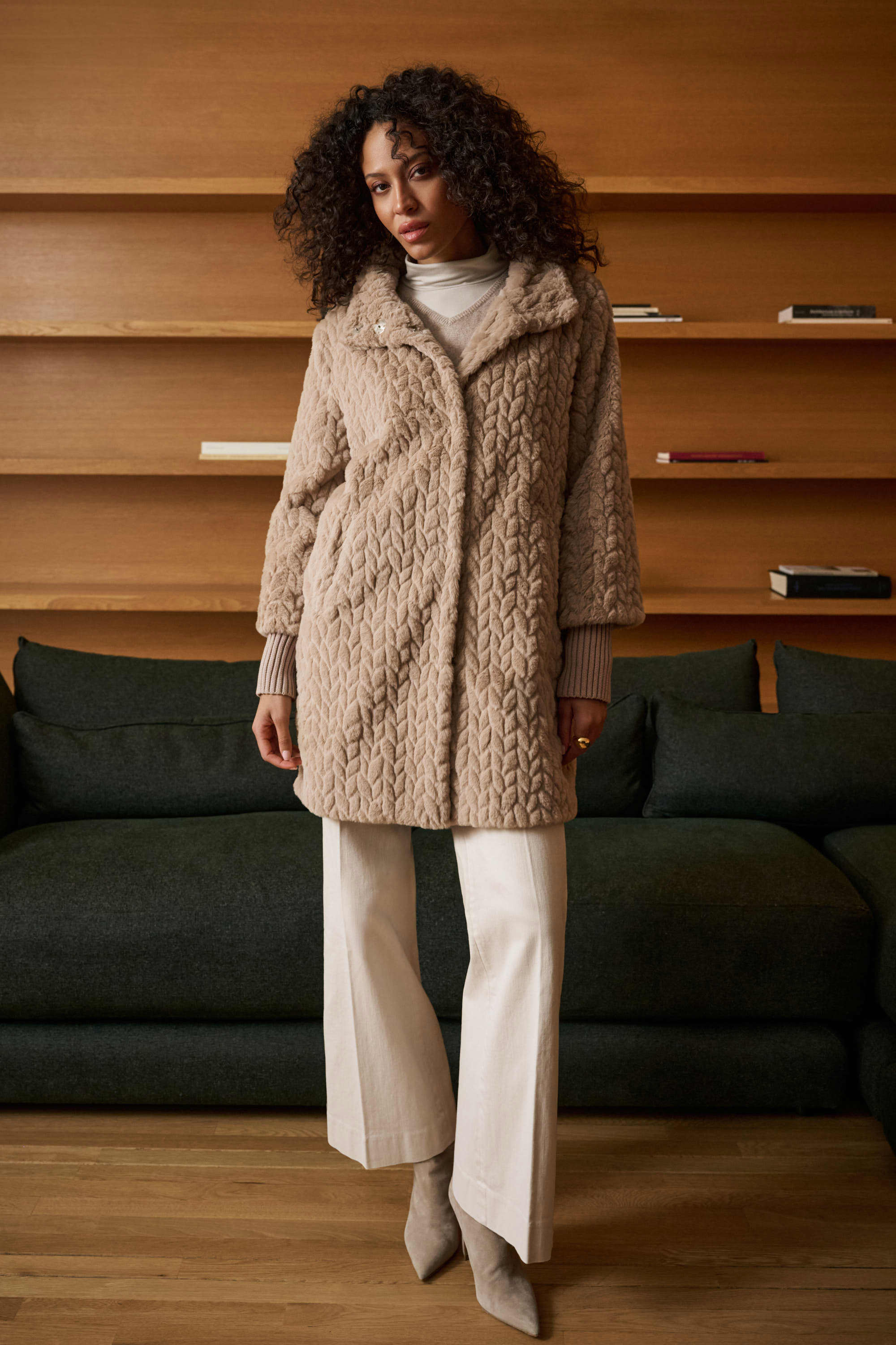 Joseph Ribkoff Textured Faux Fur Mock-Neck Coat