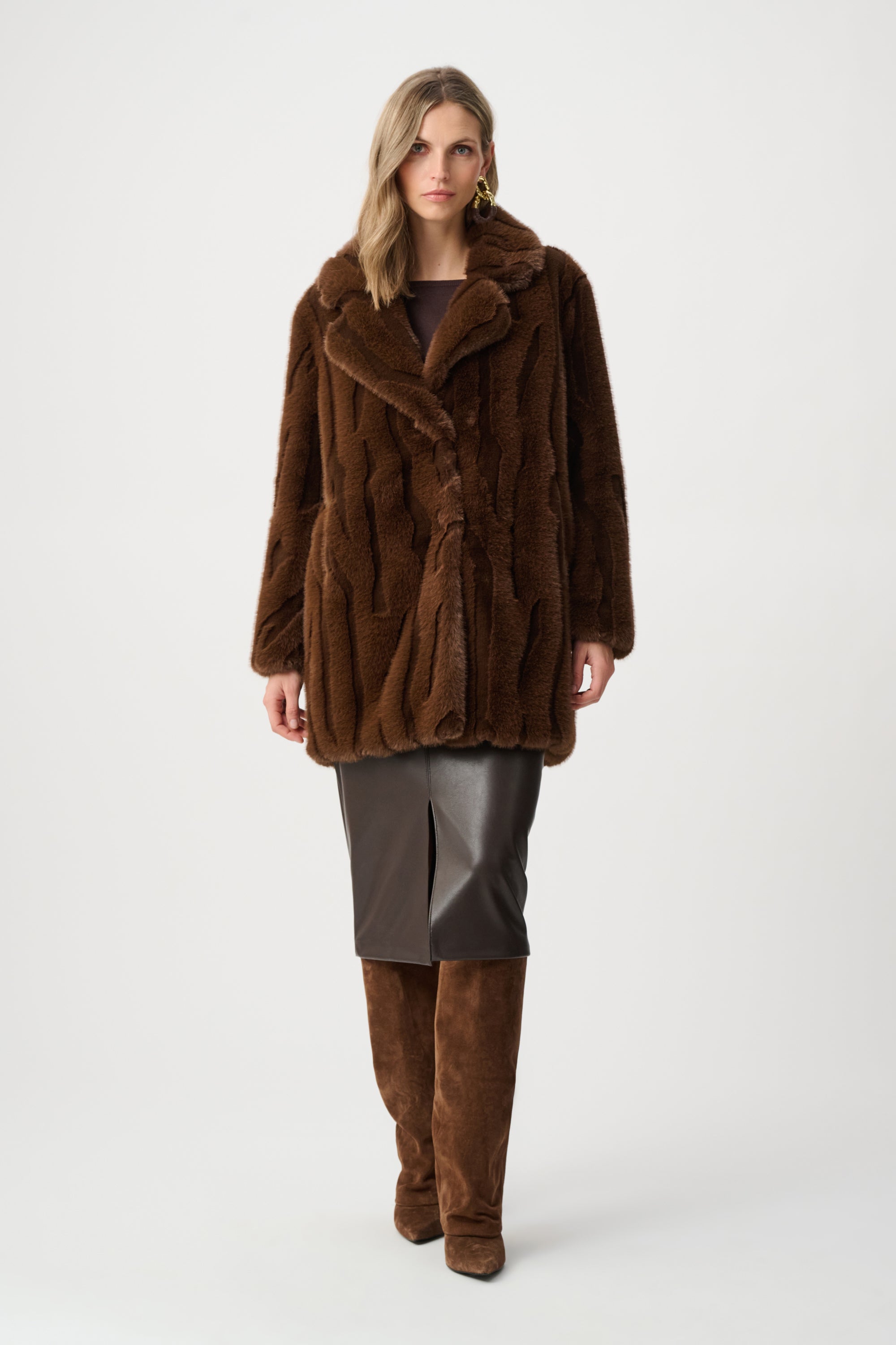 JOSEPH RIBKOFF TEXTURED FAUX FUR NOTCH COLLAR COAT