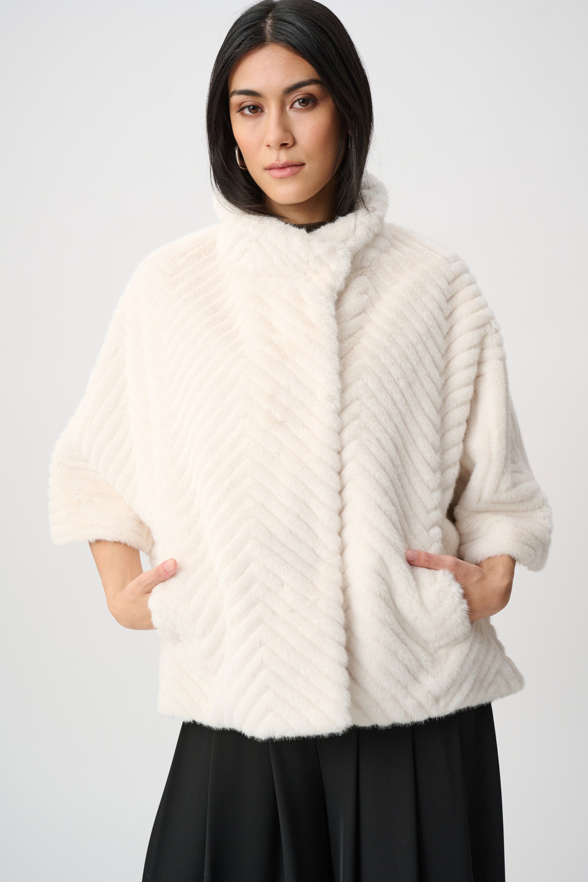 Joseph Ribkoff Chevron Faux Fur Cape-Style Jacket