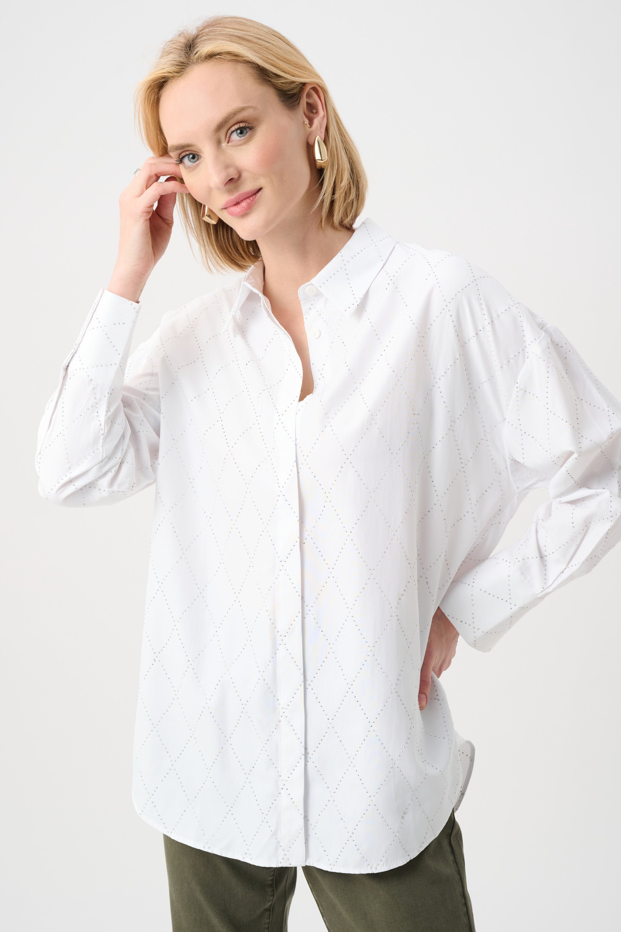 JOSEPH RIBKOFF TENCEL BOXY BLOUSE WITH ALL-OVER RHINESTONE DETAIL