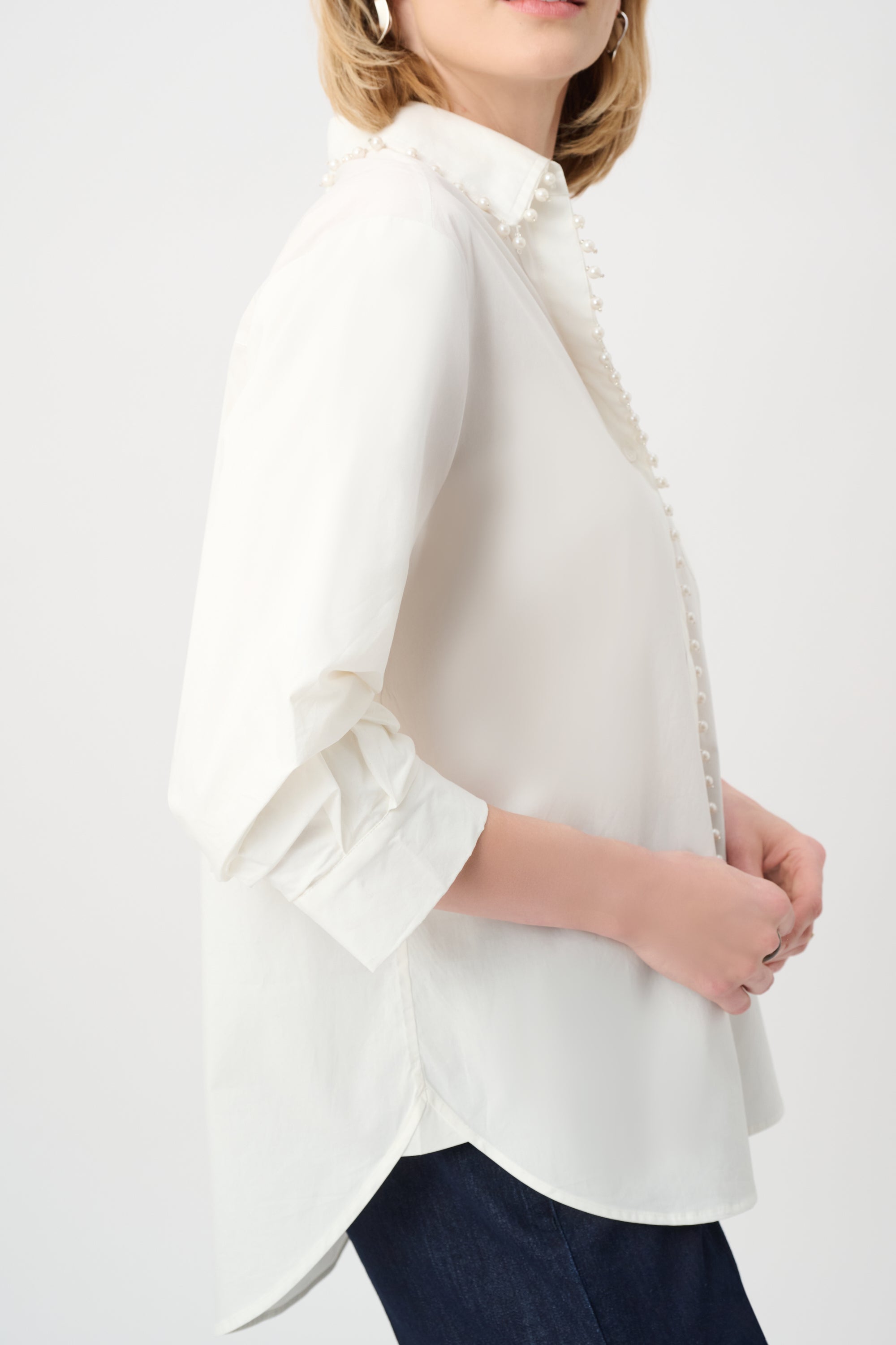 JOSEPH RIBKOFF COTTON POPLIN PEARL TRIM BOXY BLOUSE