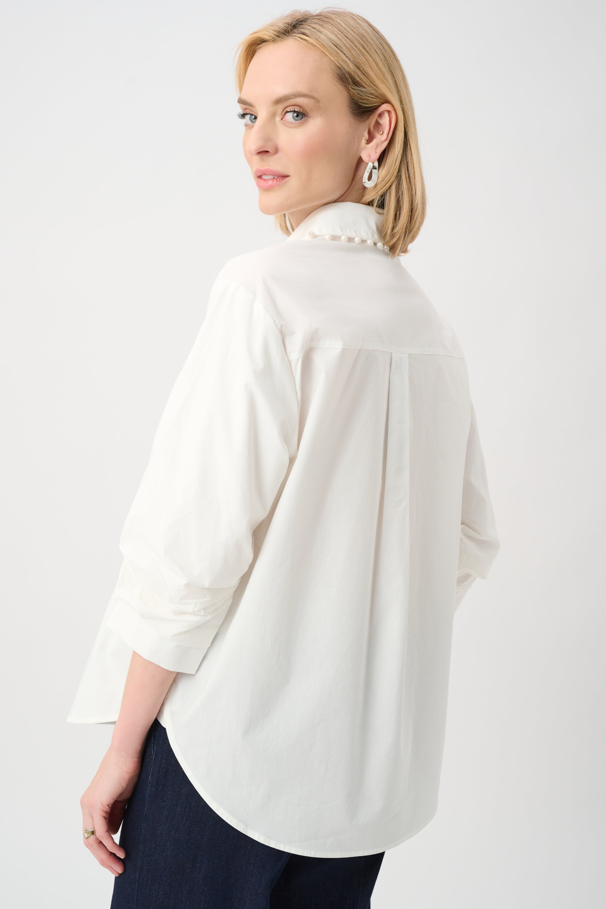JOSEPH RIBKOFF COTTON POPLIN PEARL TRIM BOXY BLOUSE