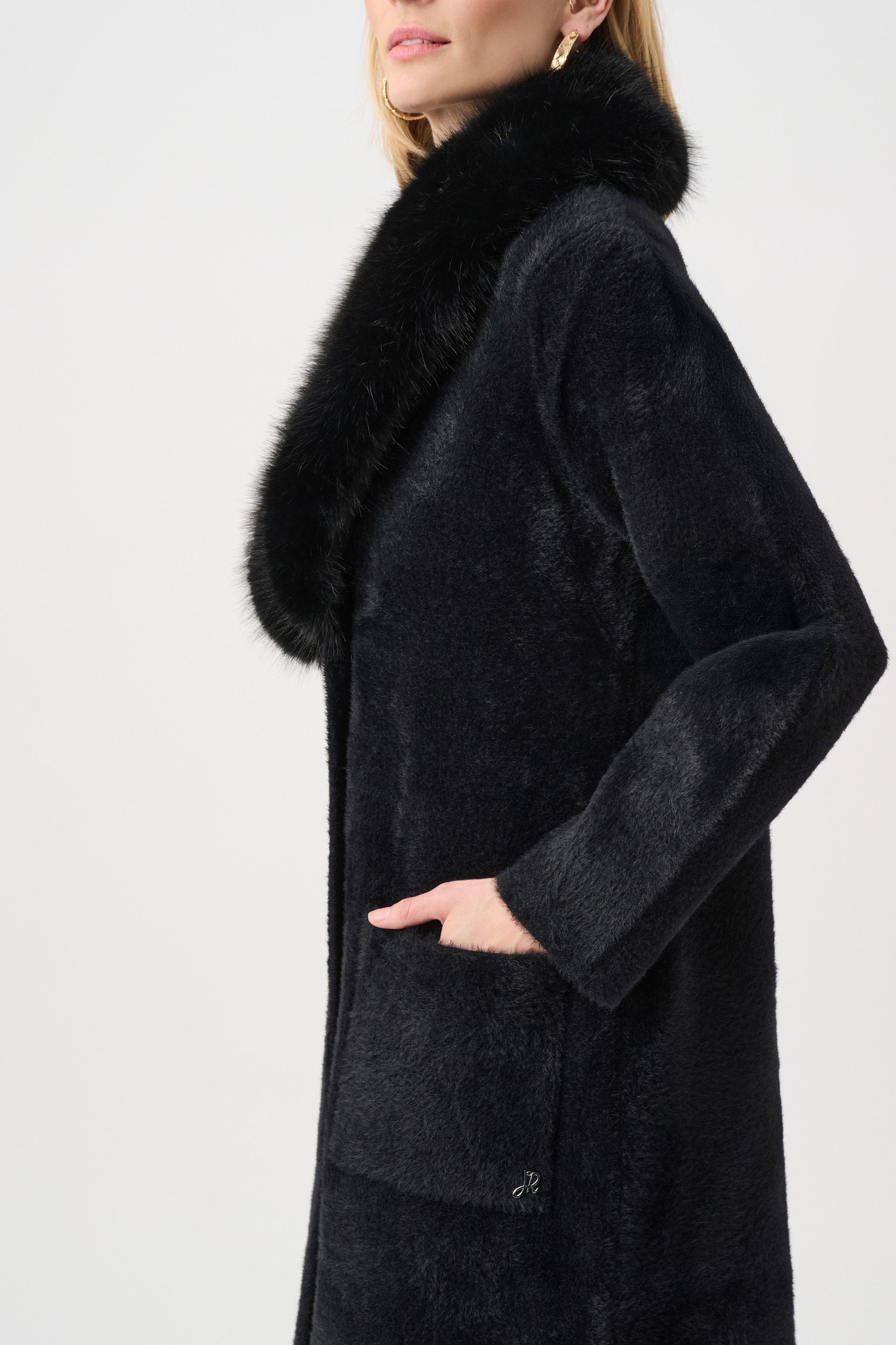 JOSEPH RIBKOFF FEATHER YARN KNIT COAT WITH DETACHABLE FAUX FUR COLLAR