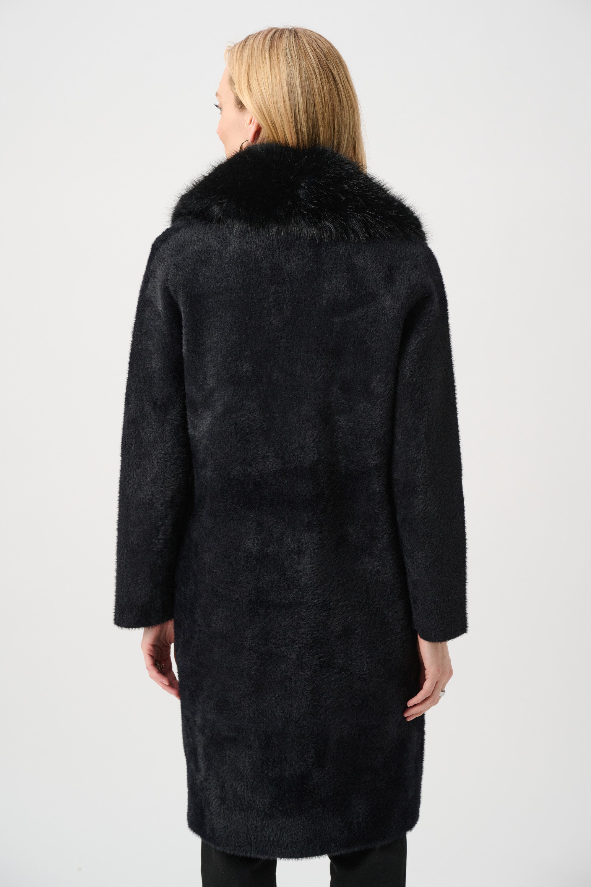 JOSEPH RIBKOFF FEATHER YARN KNIT COAT WITH DETACHABLE FAUX FUR COLLAR