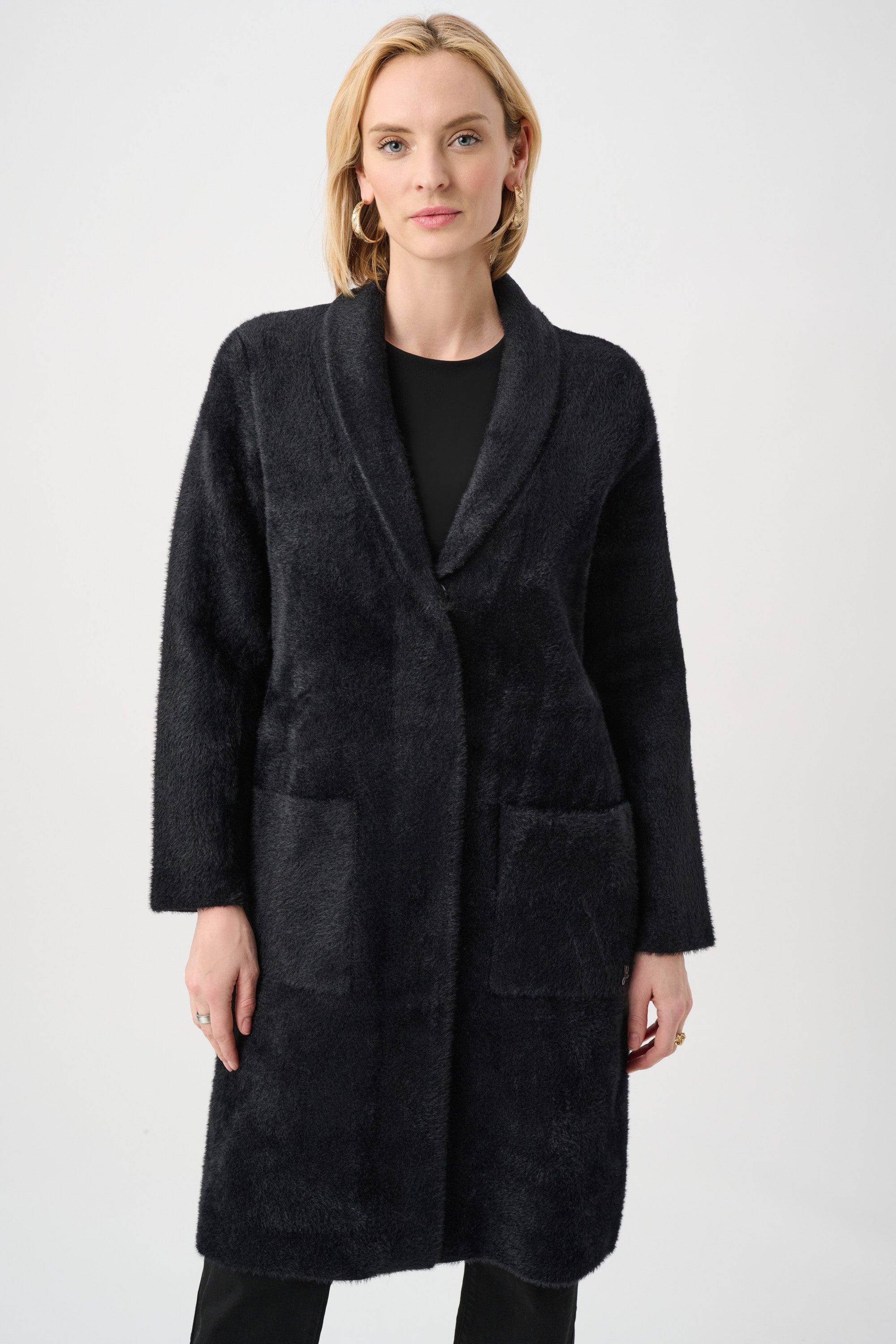 JOSEPH RIBKOFF FEATHER YARN KNIT COAT WITH DETACHABLE FAUX FUR COLLAR