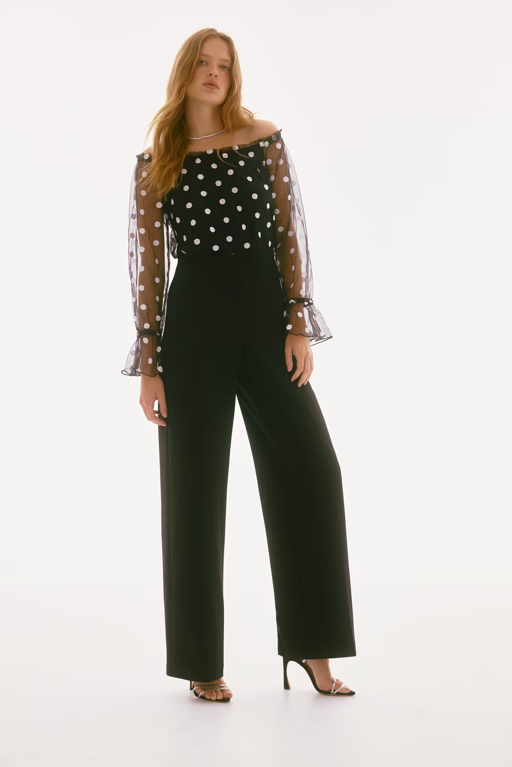 Joseph Ribkoff - Polka-Dot Off-Shoulder Ruffled Jumpsuit