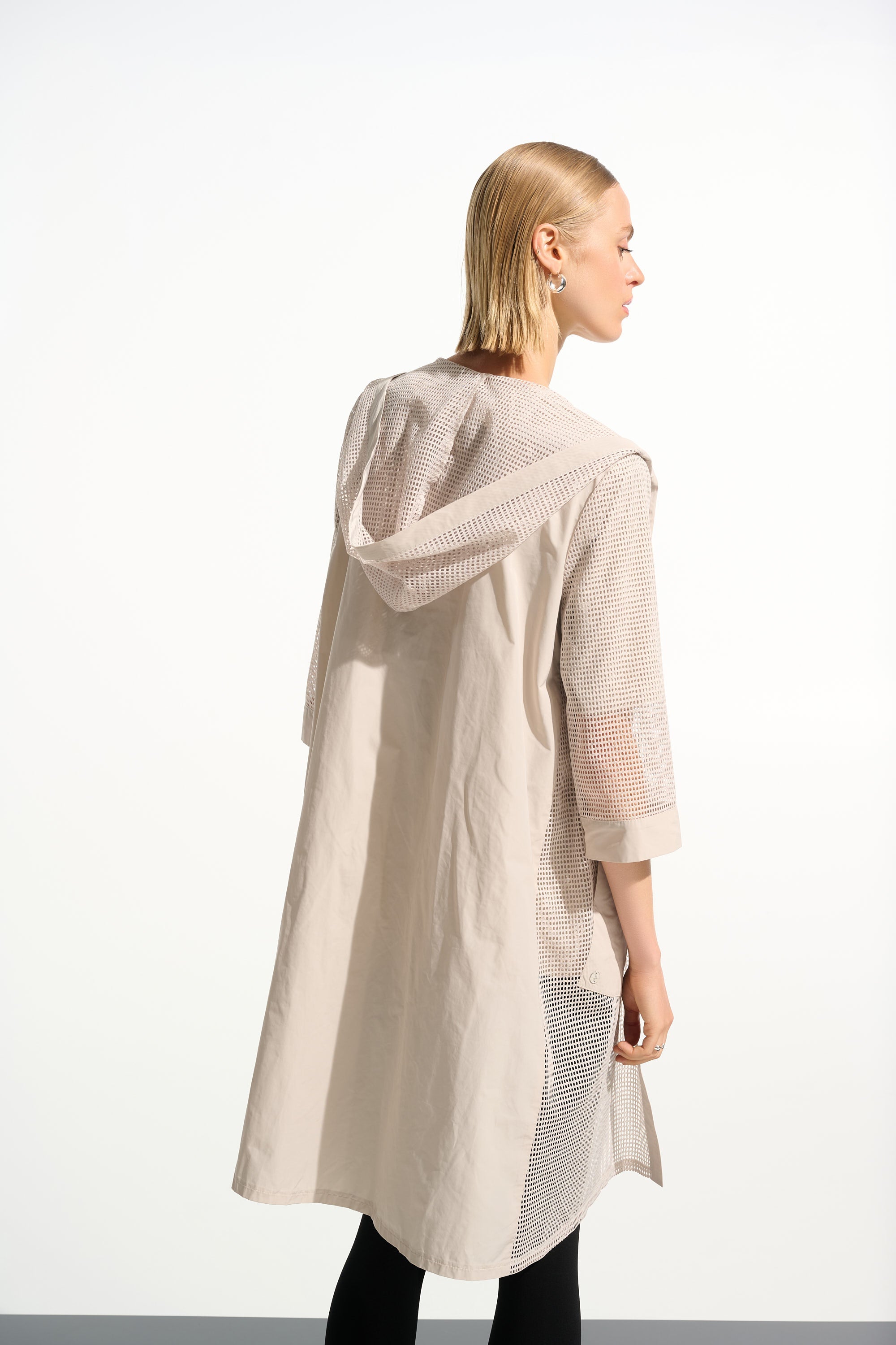 Joseph Ribkoff 261620 memory and mesh A-line hooded cover-up in Moonstone, back