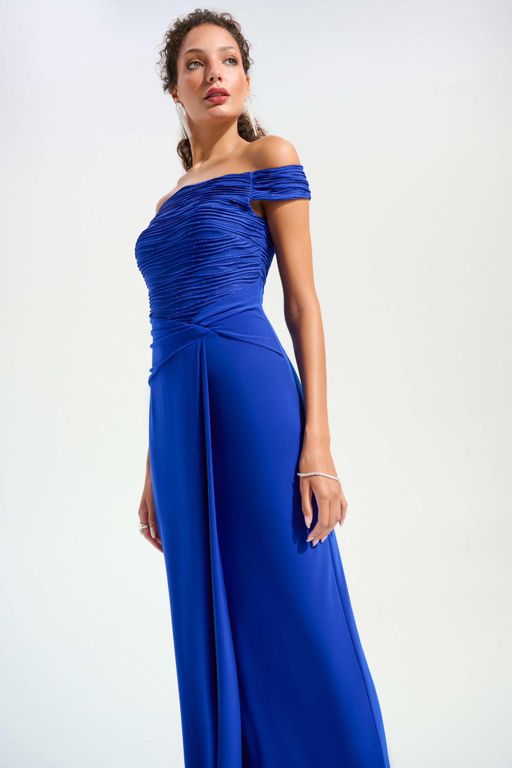 Joseph Ribkoff Signature  Lurex Cascade Off-Shoulder Gown
