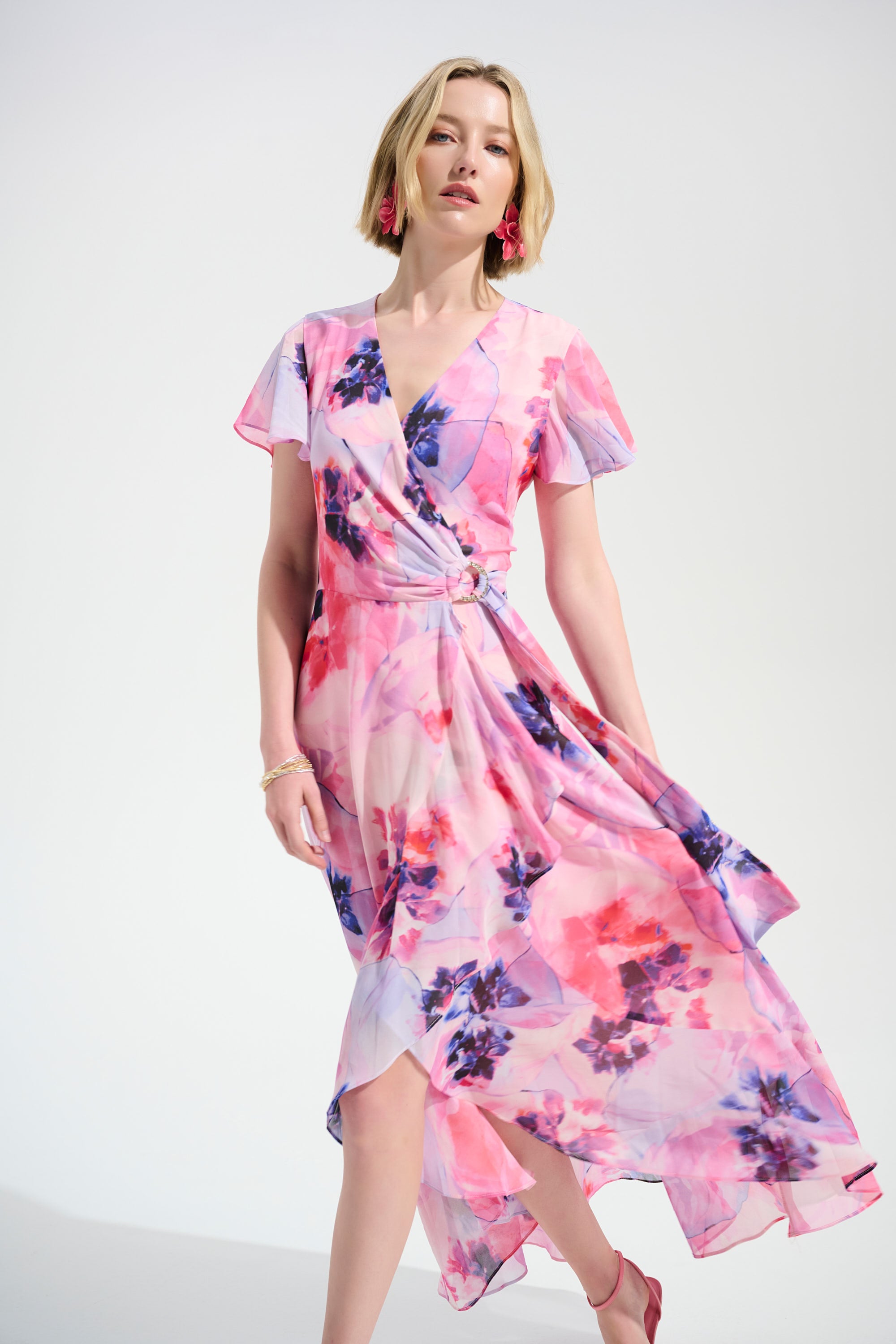 Joseph Ribkoff Signature Chiffon Wrap Midi Dress | Rhinestone Detail