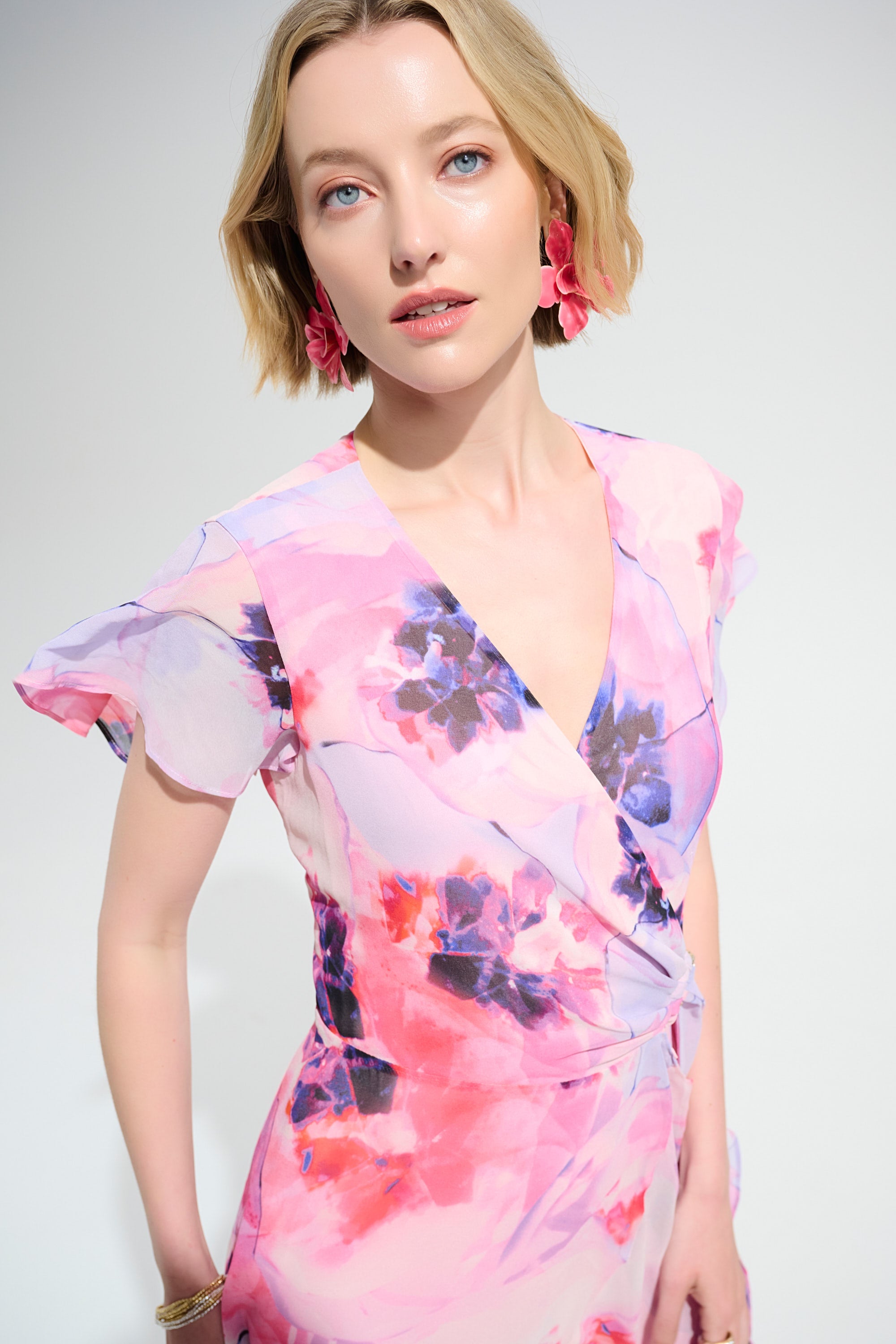 Joseph Ribkoff Signature Chiffon Wrap Midi Dress | Rhinestone Detail