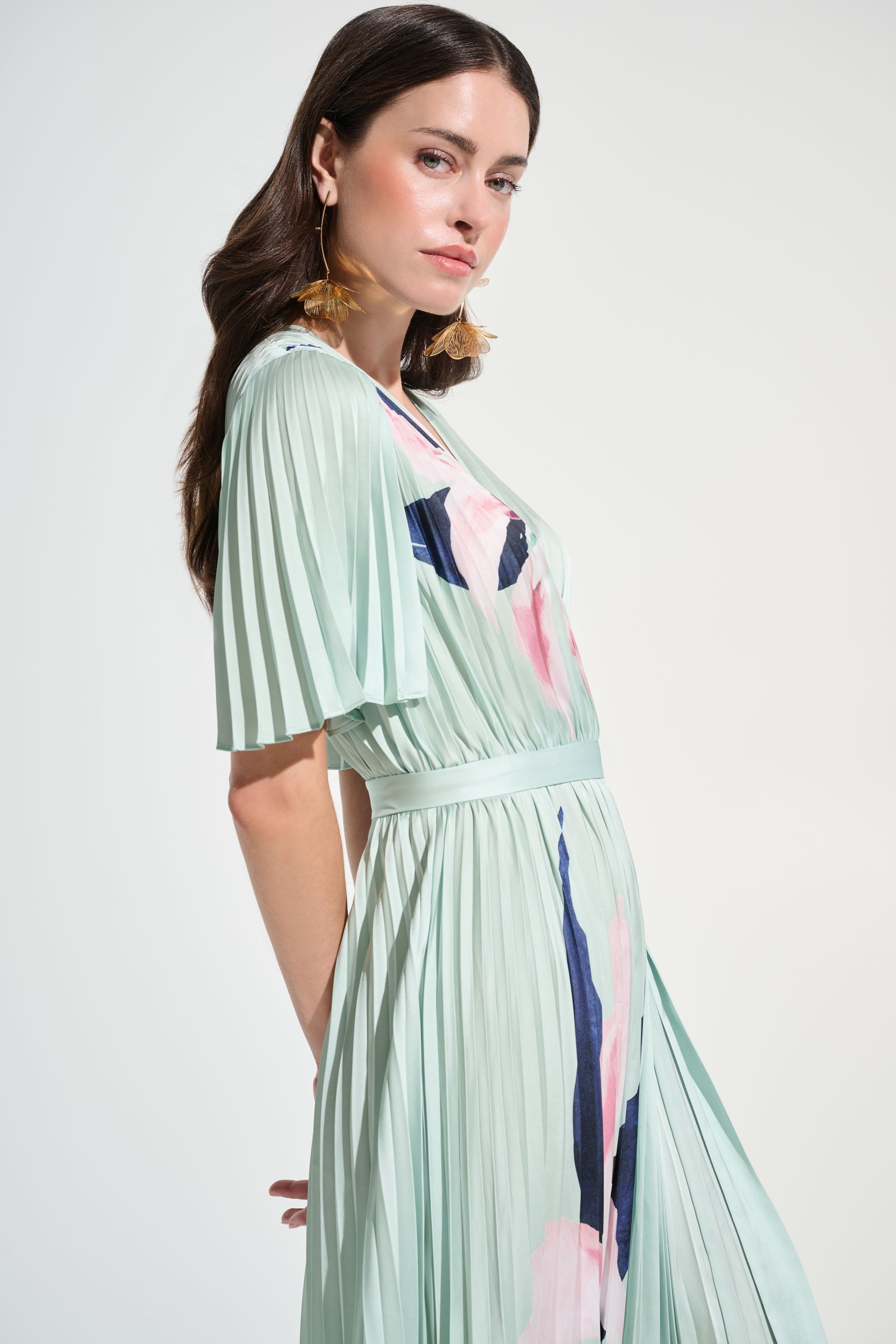 Joseph Ribkoff 262712 pleated floral maxi wrap dress in Green/Multi, back