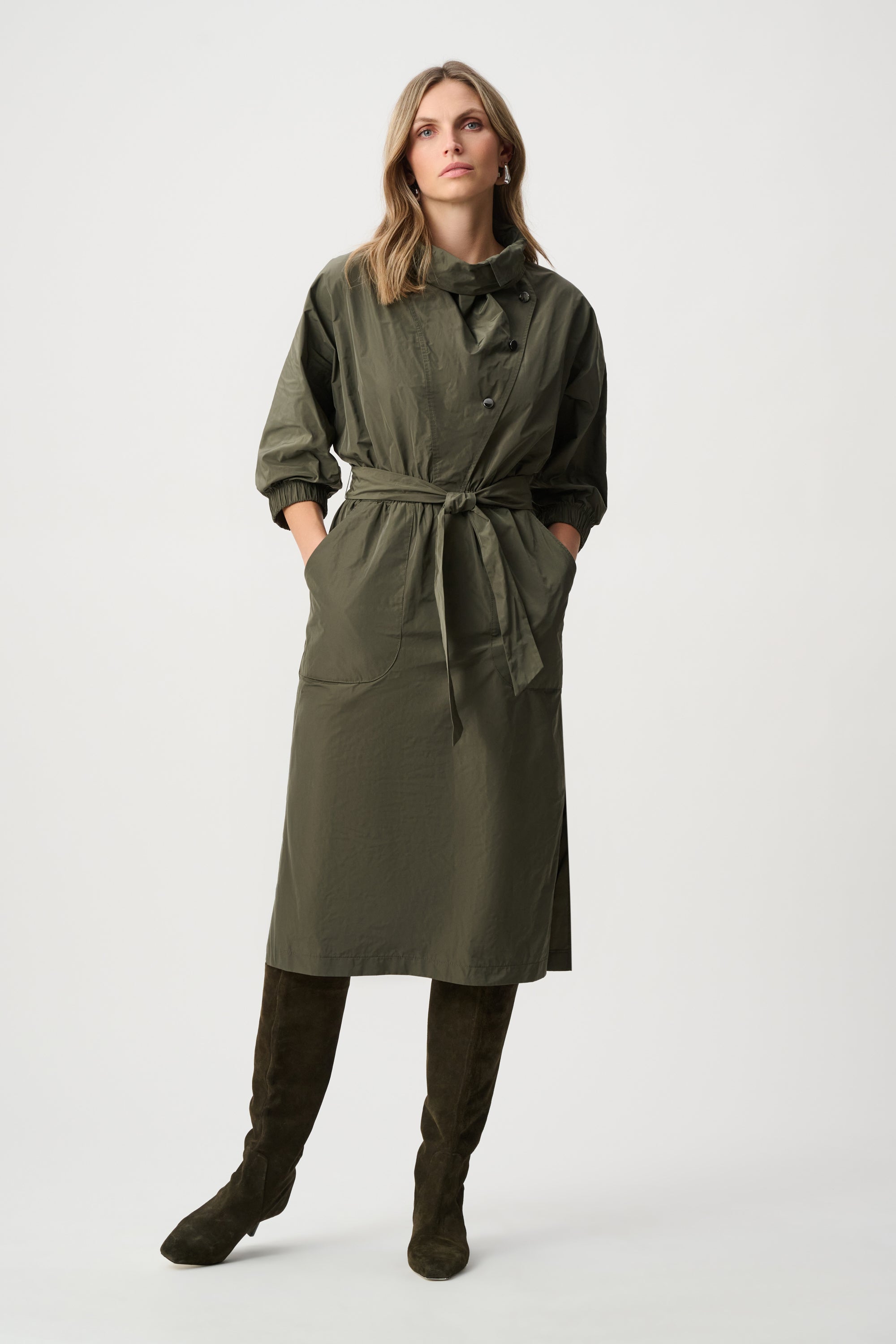 JOSEPH RIBKOFF MEMORY FABRIC COWL-NECK BELTED DRESS