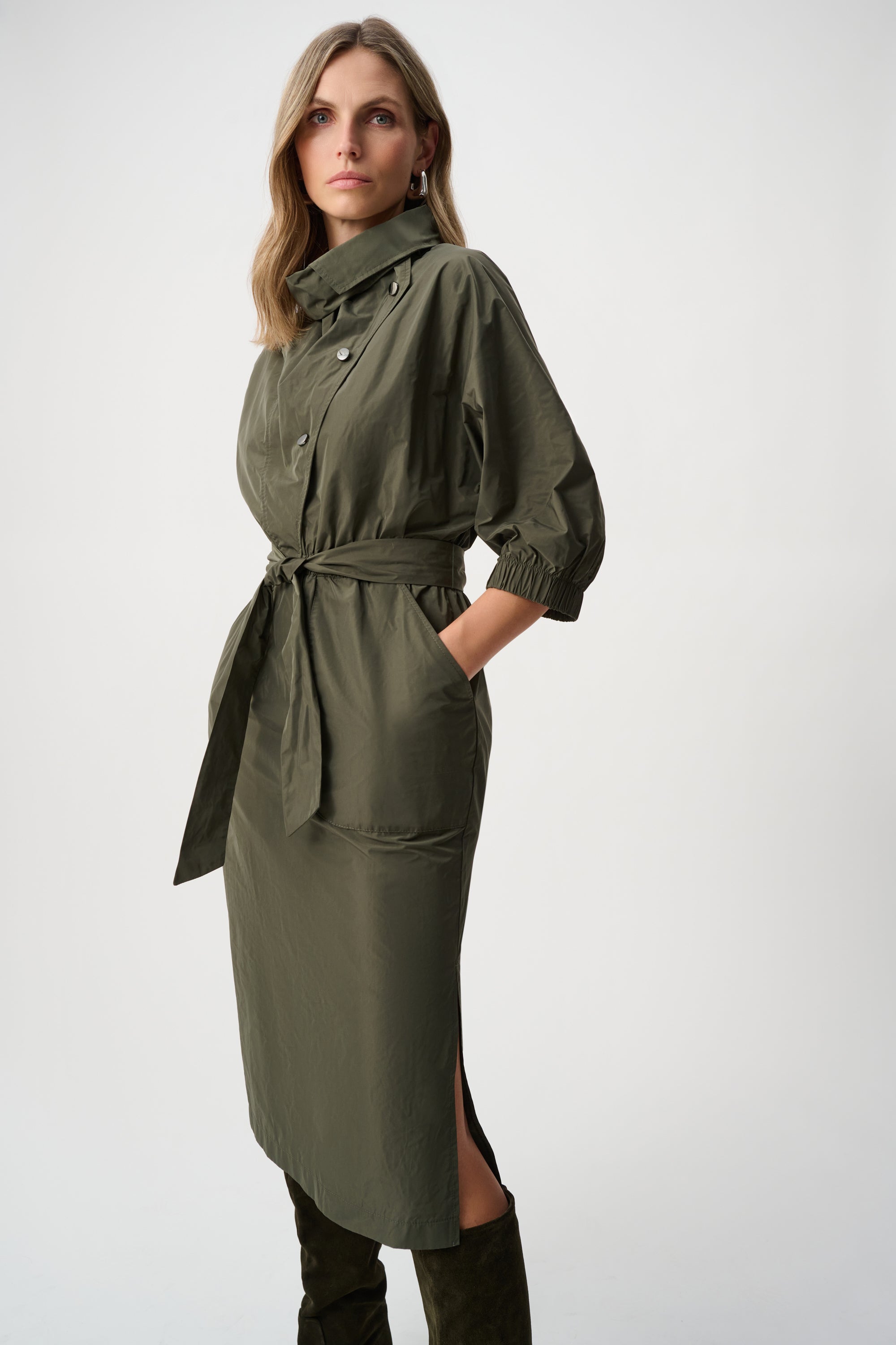 JOSEPH RIBKOFF MEMORY FABRIC COWL-NECK BELTED DRESS
