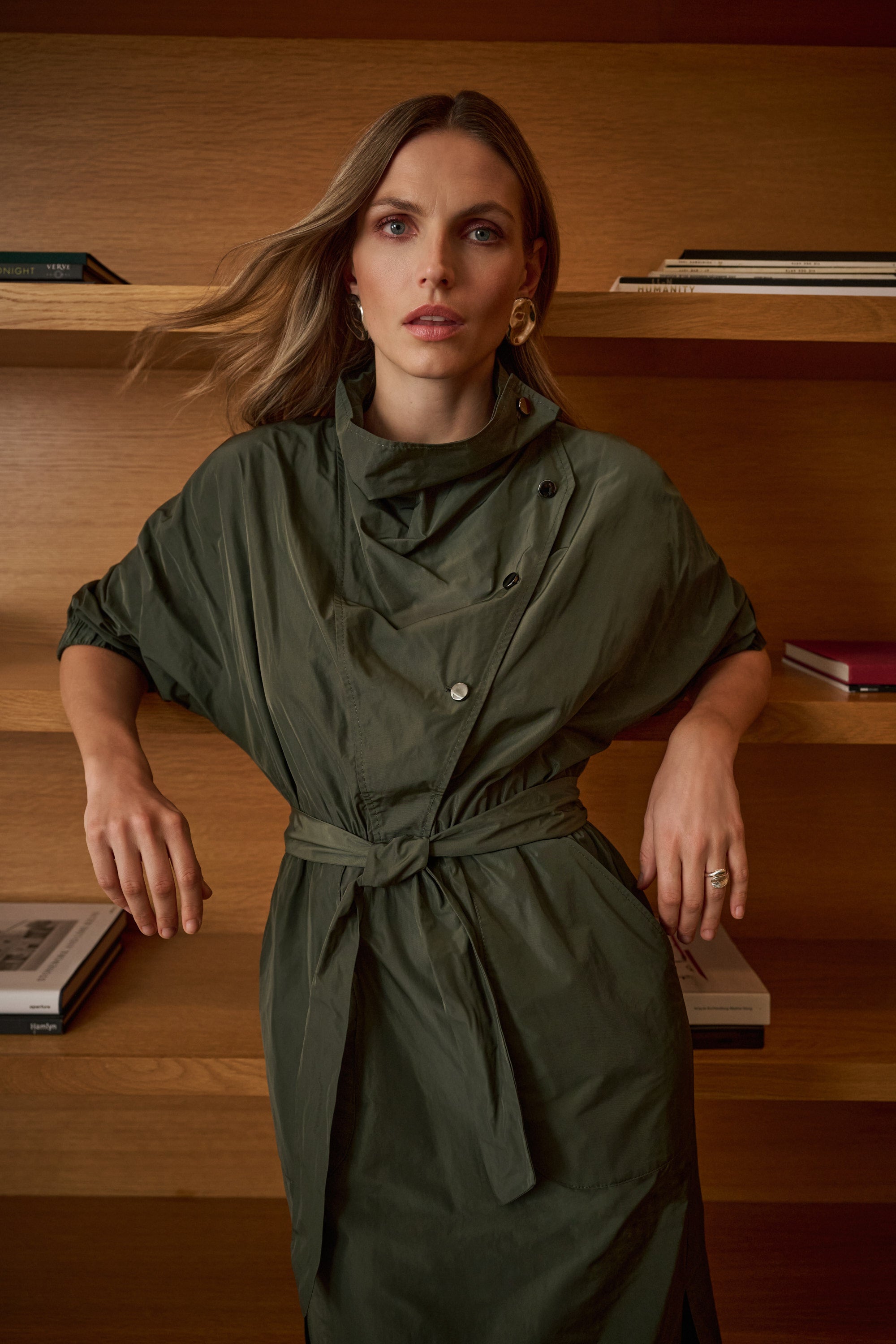 JOSEPH RIBKOFF MEMORY FABRIC COWL-NECK BELTED DRESS