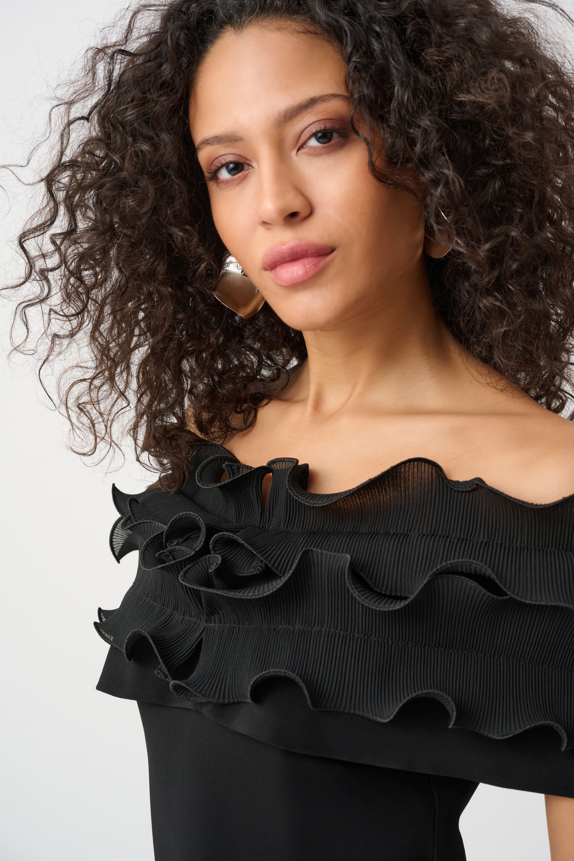 JOSEPH RIBKOFF SILKY KNIT OFF-SHOULDER TOP WITH RUFFLES