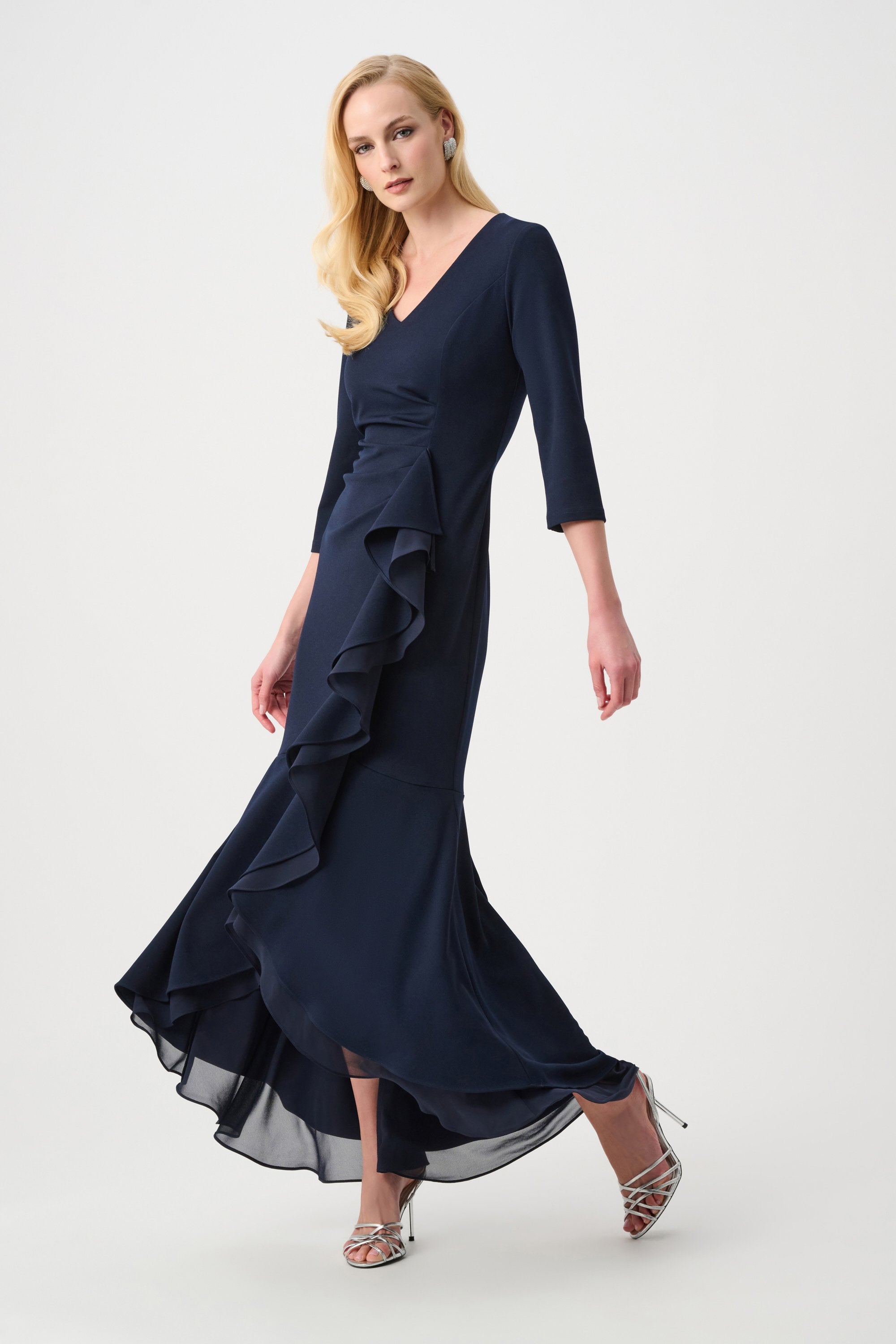 Joseph Ribkoff Signature Scuba Crepe and Chiffon Ruffled Trumpet Gown