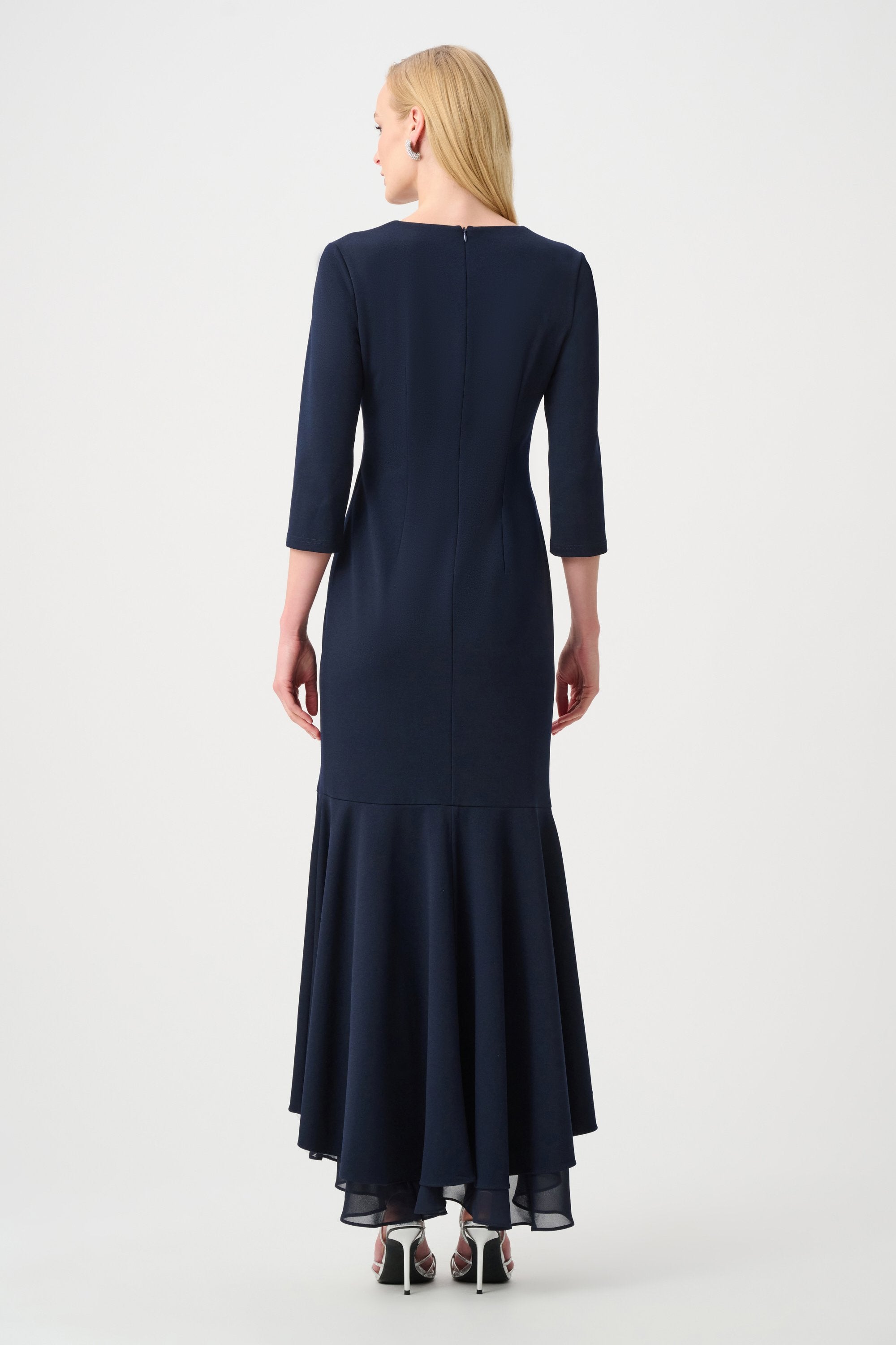 Joseph Ribkoff Signature Scuba Crepe and Chiffon Ruffled Trumpet Gown