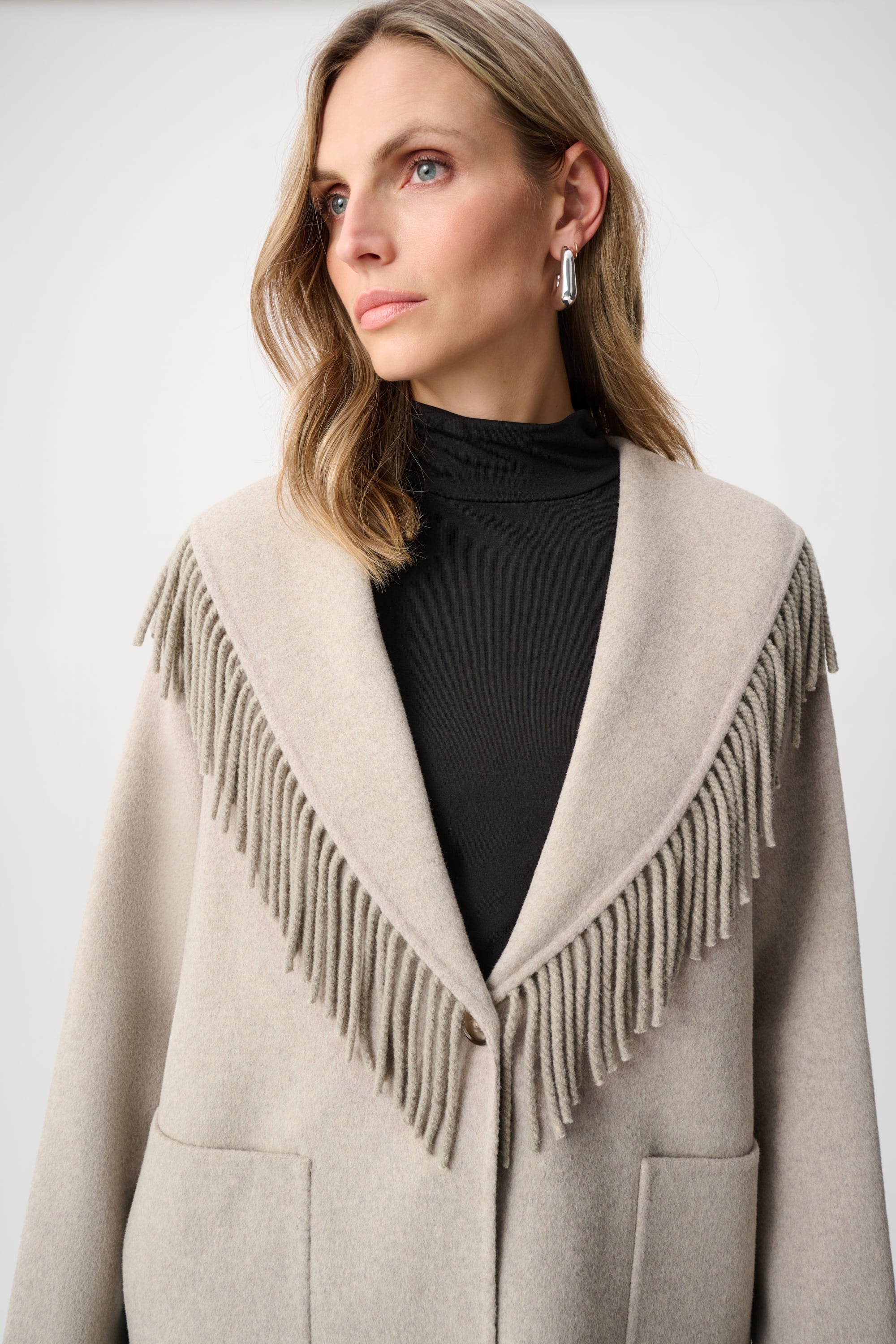 Joseph Ribkoff Wool Blend Shawl Collar Fringed Coat