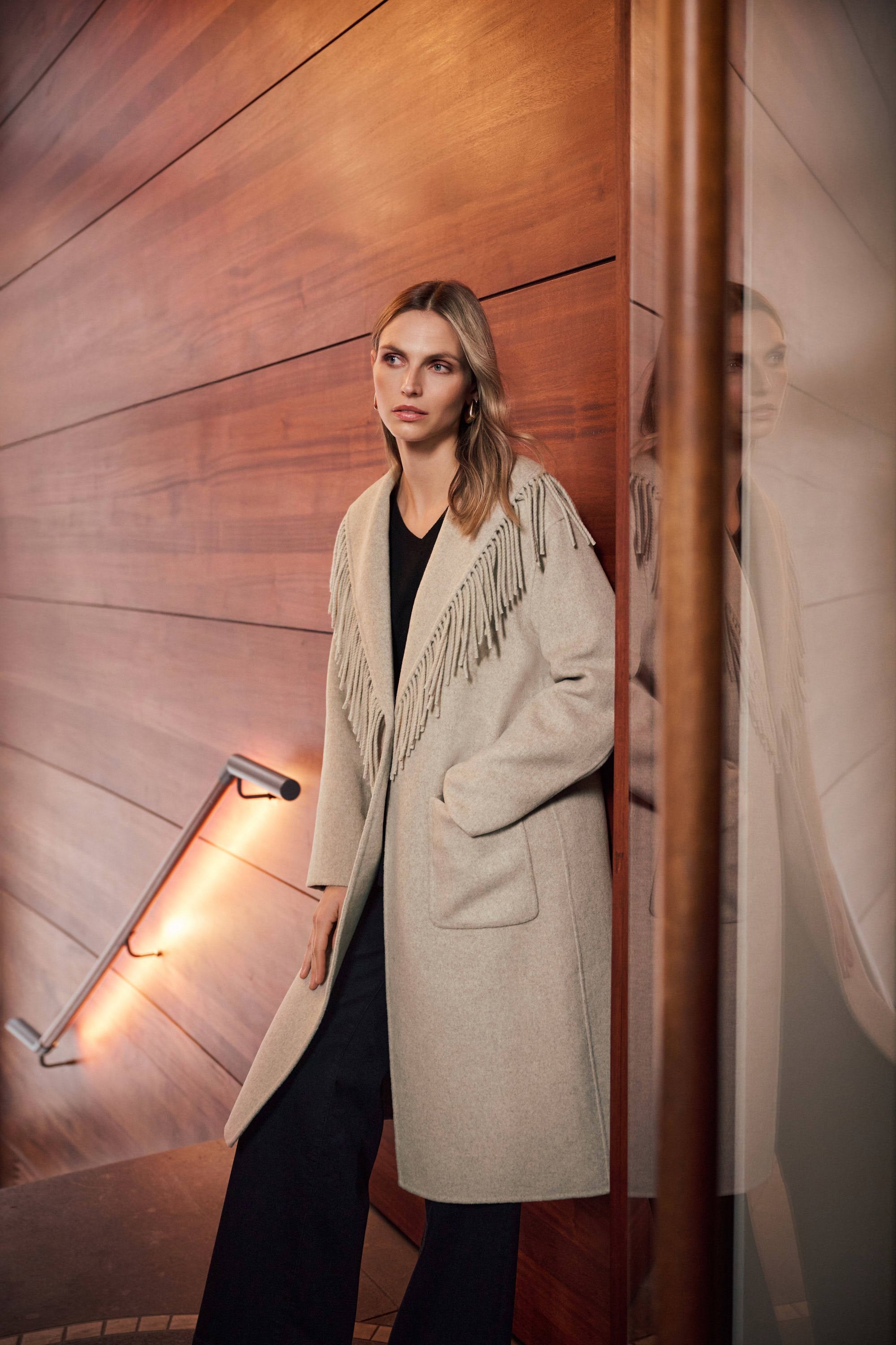 Joseph Ribkoff Wool Blend Shawl Collar Fringed Coat