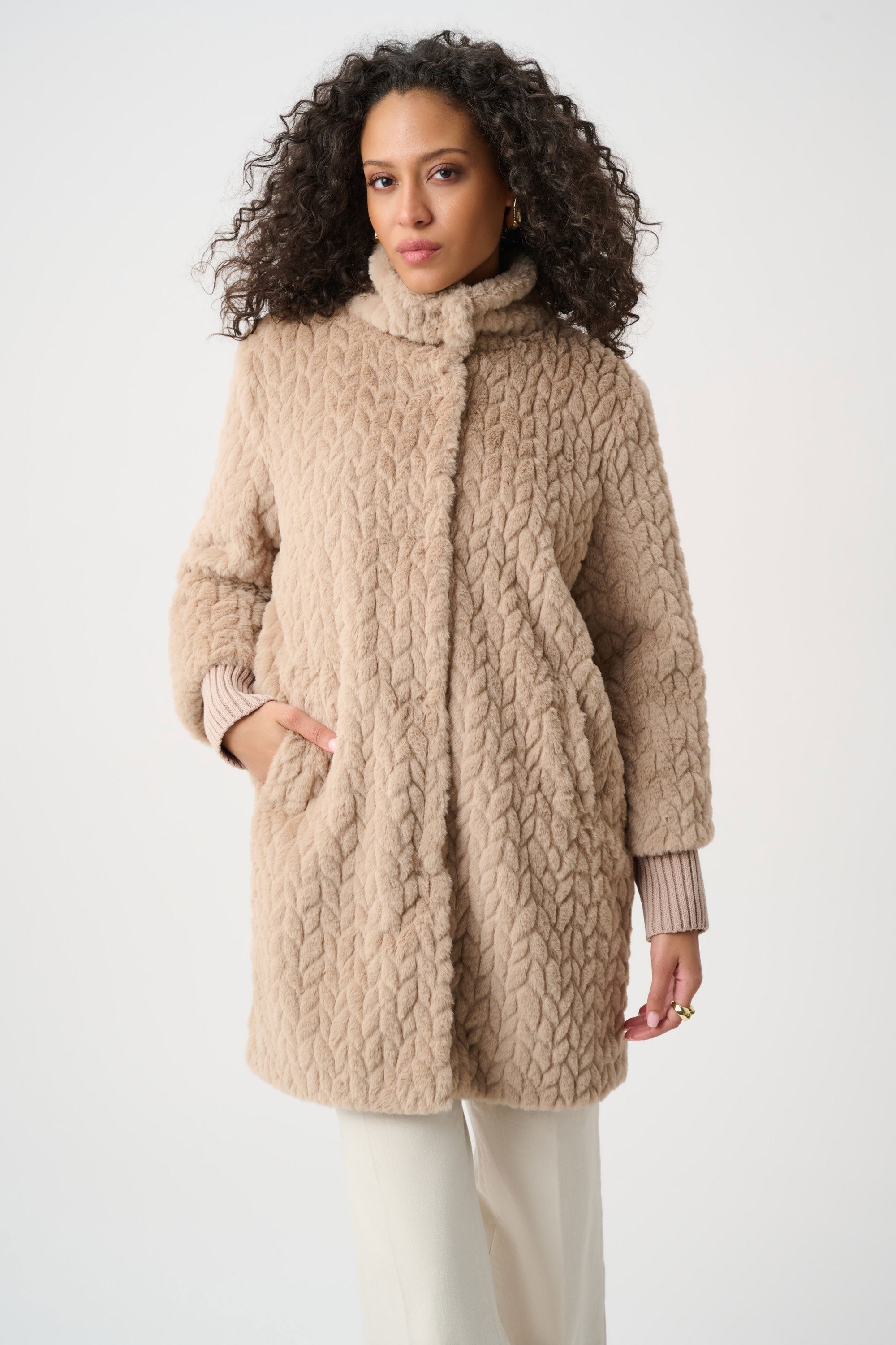 Joseph Ribkoff Textured Faux Fur Mock-Neck Coat