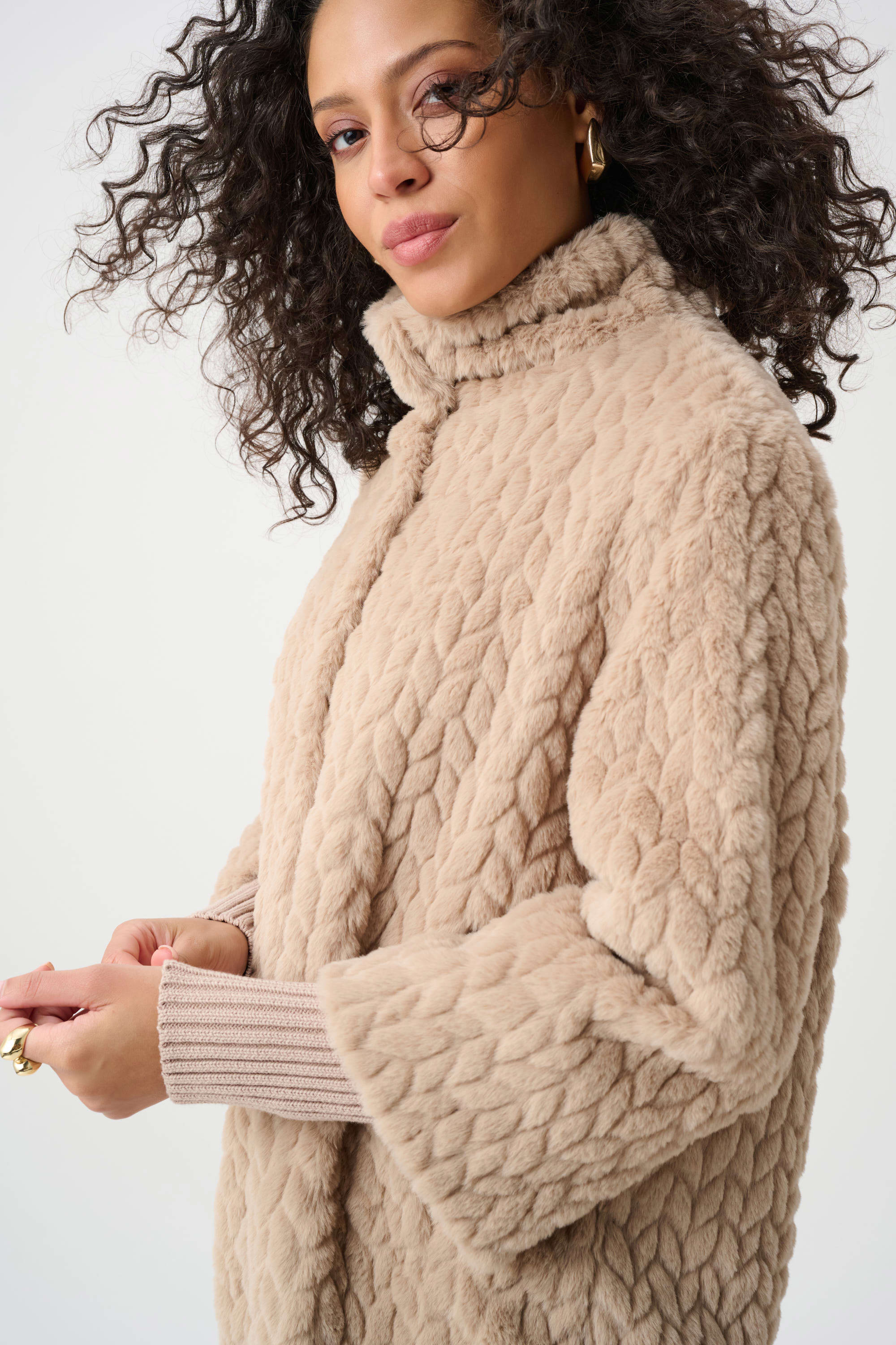 Joseph Ribkoff Textured Faux Fur Mock-Neck Coat