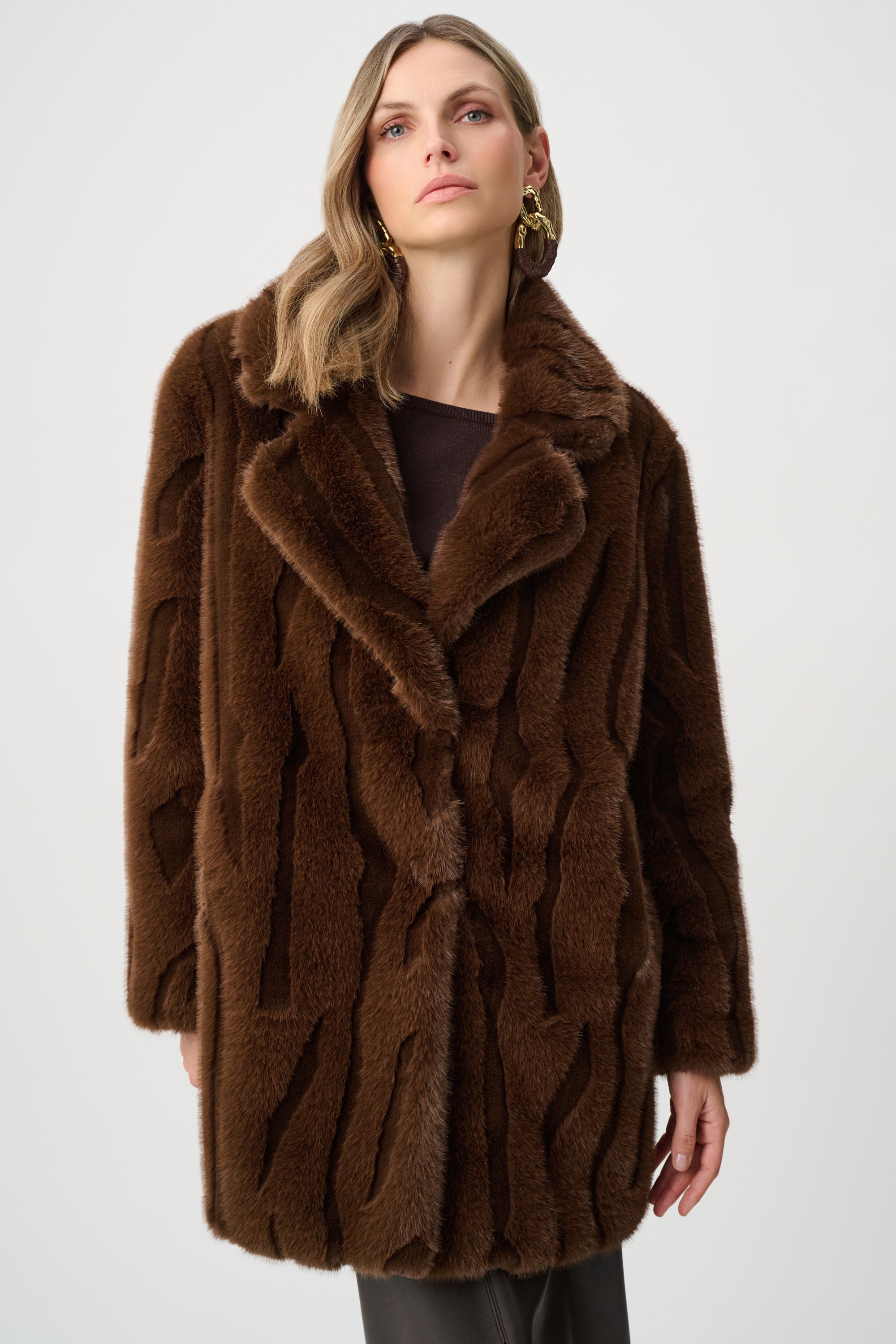 JOSEPH RIBKOFF TEXTURED FAUX FUR NOTCH COLLAR COAT