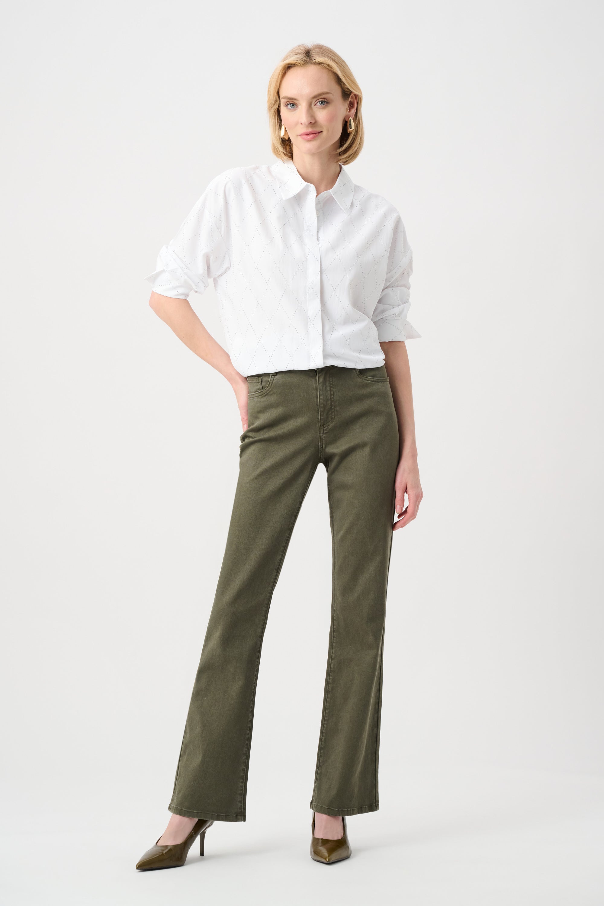JOSEPH RIBKOFF TENCEL BOXY BLOUSE WITH ALL-OVER RHINESTONE DETAIL