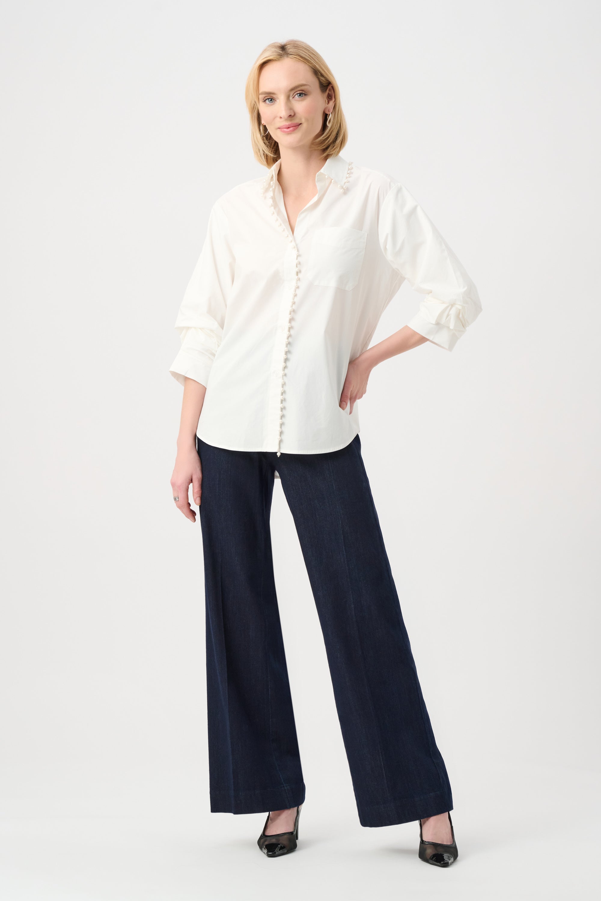 JOSEPH RIBKOFF COTTON POPLIN PEARL TRIM BOXY BLOUSE